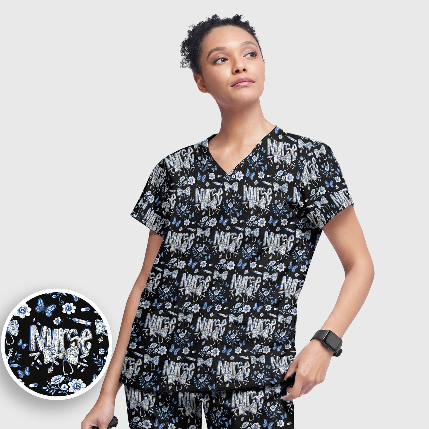 Blue Nurse Bow Butterfly Floral Pattern Scrub Set,  Breathable Med Uniform