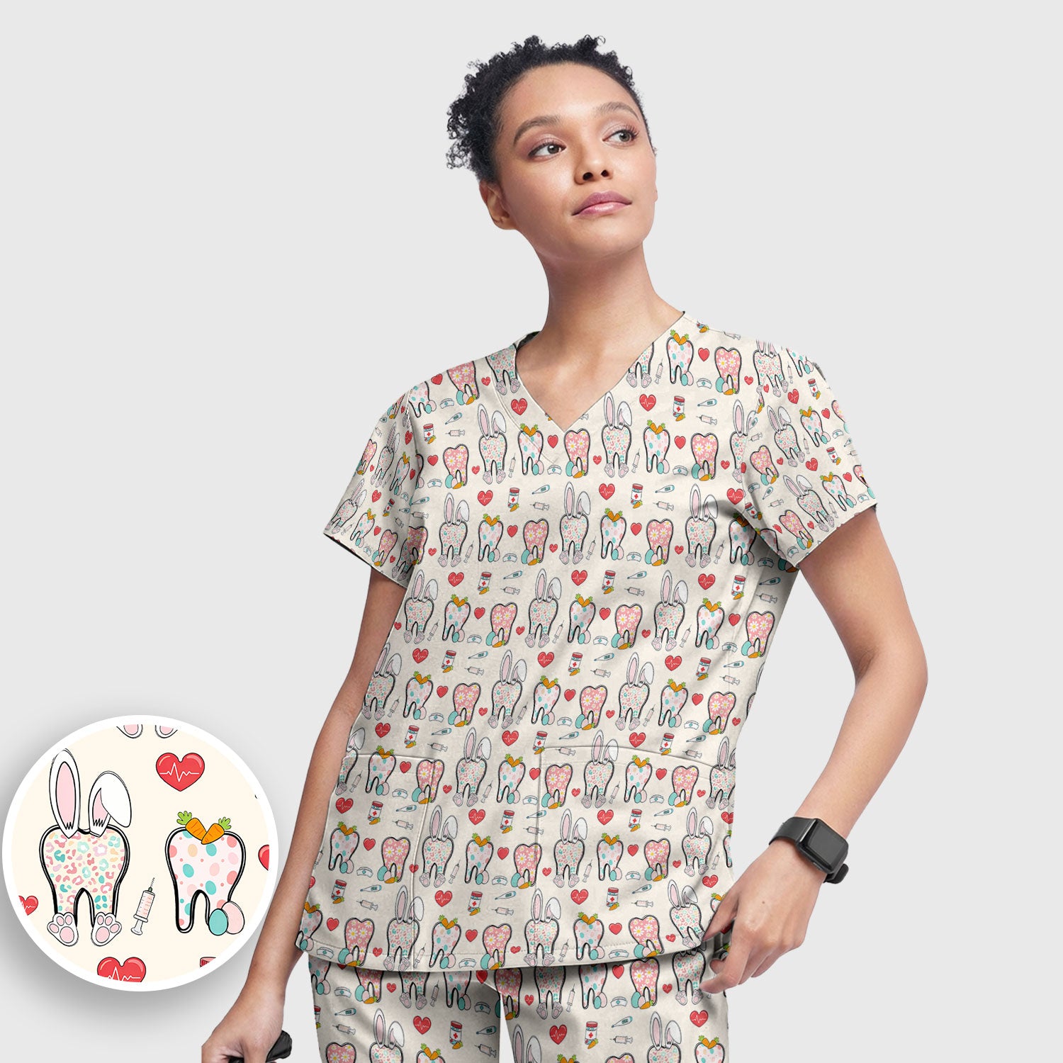 Playful Bunny Dentist Illustration Medical Set, Scrub Pants and V Neck Top