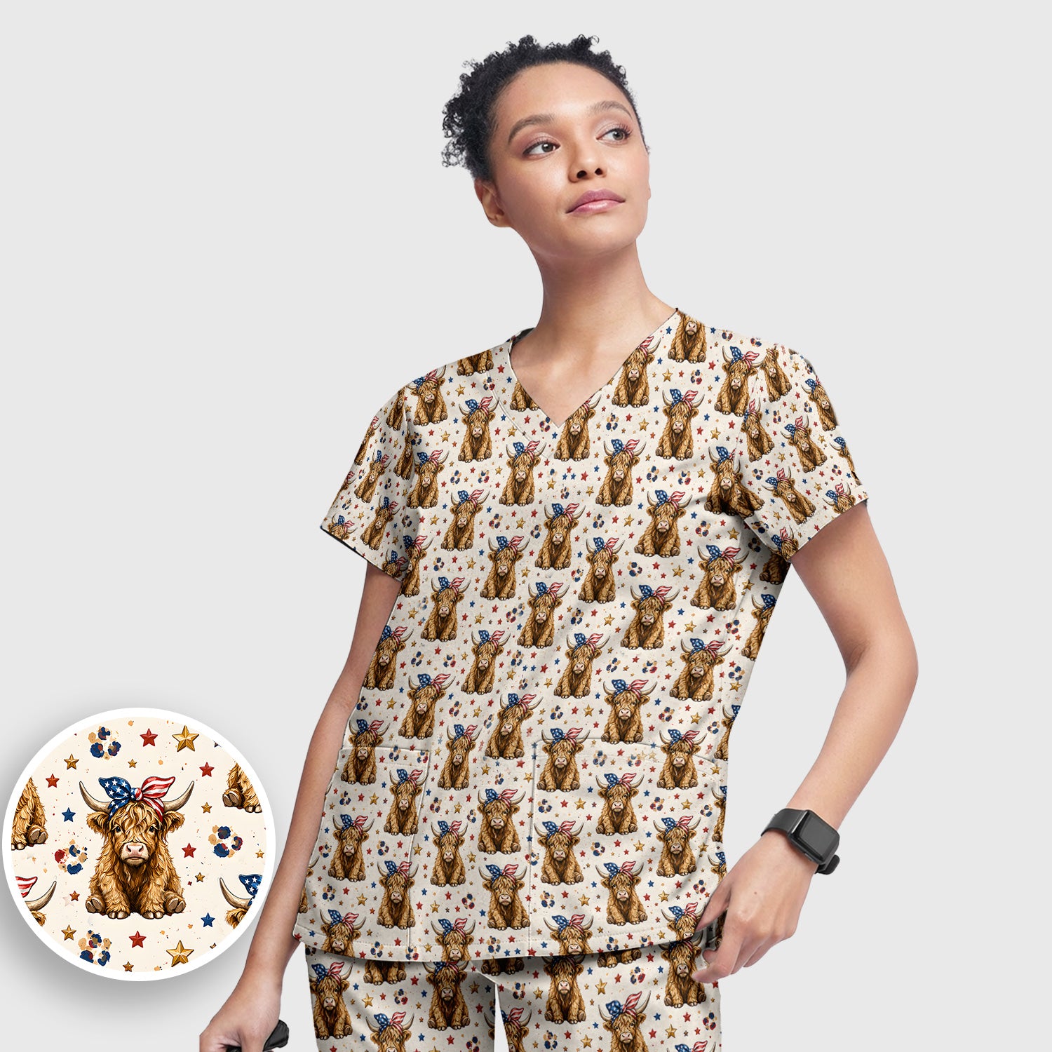 Patriotic Highland Cow Nurse for RN & CNA, Americana Farm Animal Healthcare Workers Medical Uniform Scrub Set, Scrub Pants and V Neck Top