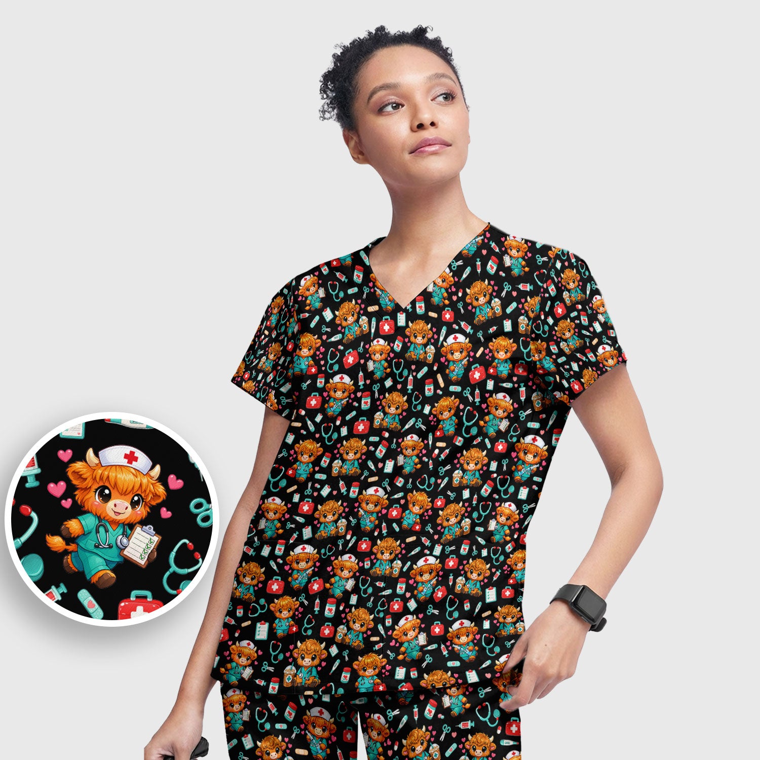Cute Highland Cow Nurse Scrub Set, Kawaii Medical Pattern Shirt, Breathable Fabrics Nursing Uniform