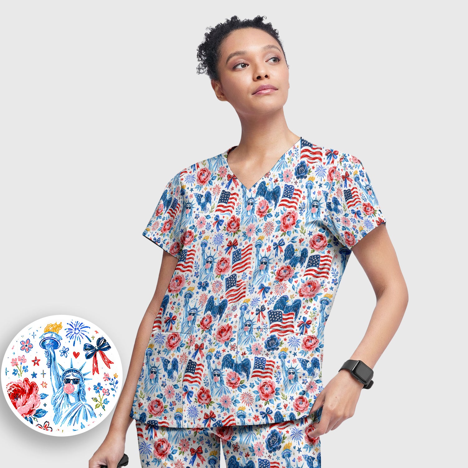 Patriotic Liberty Nurse Pattern Scrub Set, Scrub Pants and V Neck Top
