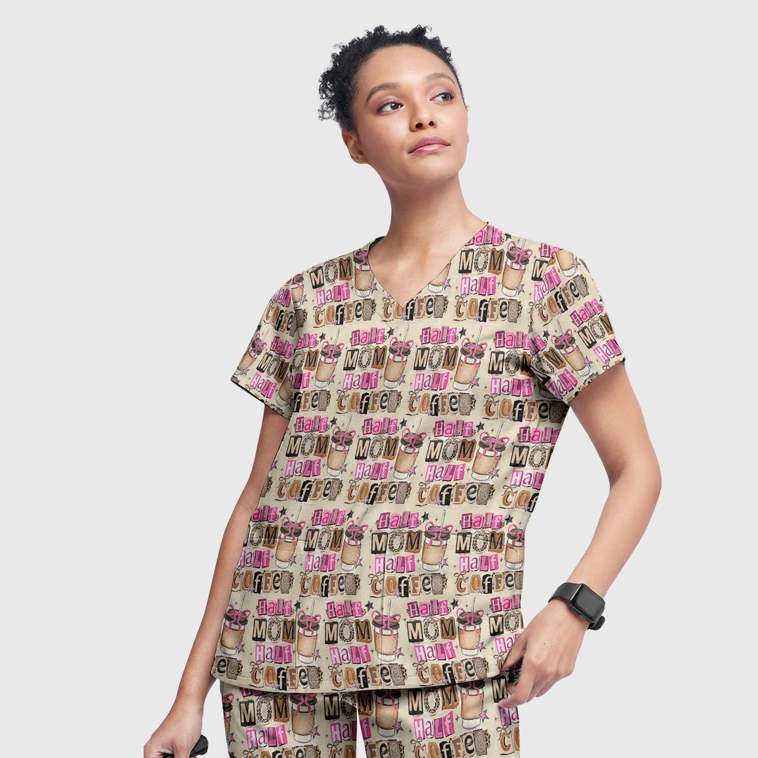 Half Mom Half Coffee Print Scrub Set, Scrub Pants and V Neck Top