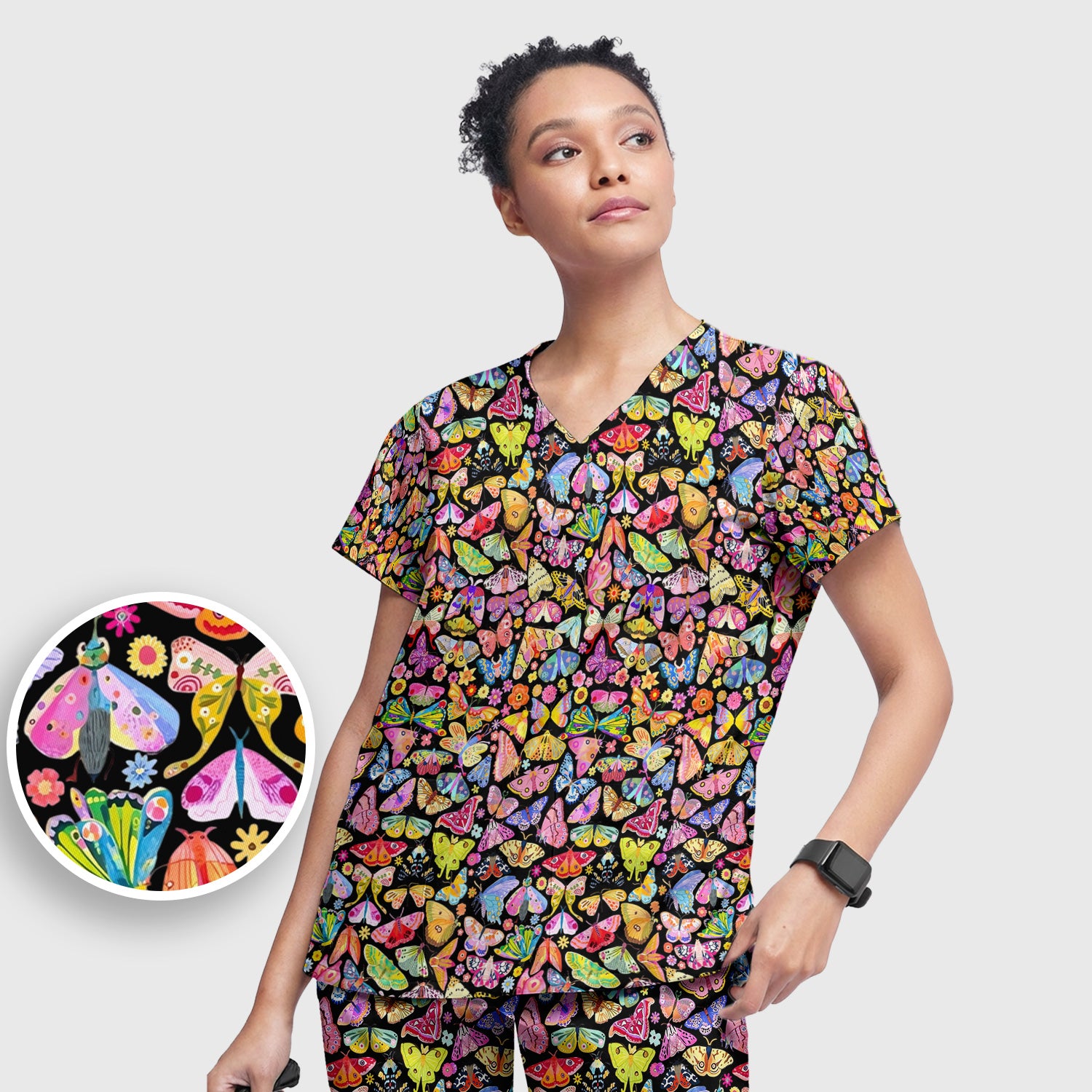 Cute Bright Butterfly Moth Floral Scrub Top, Breathable Fabrics Nursing Uniform
