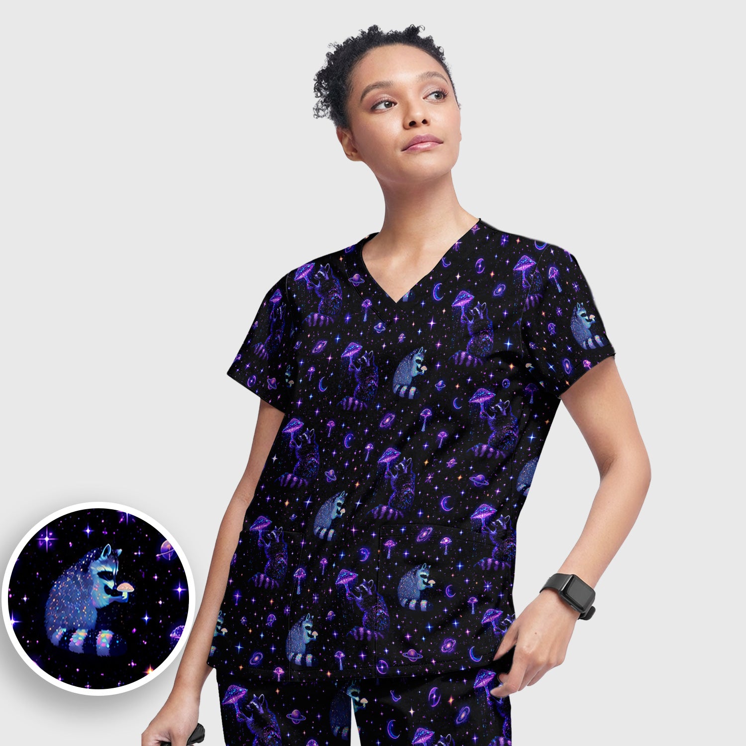 Cute Raccoon Mushroom Galaxy Pattern Scrub Set, Scrub Pants and V Neck Top