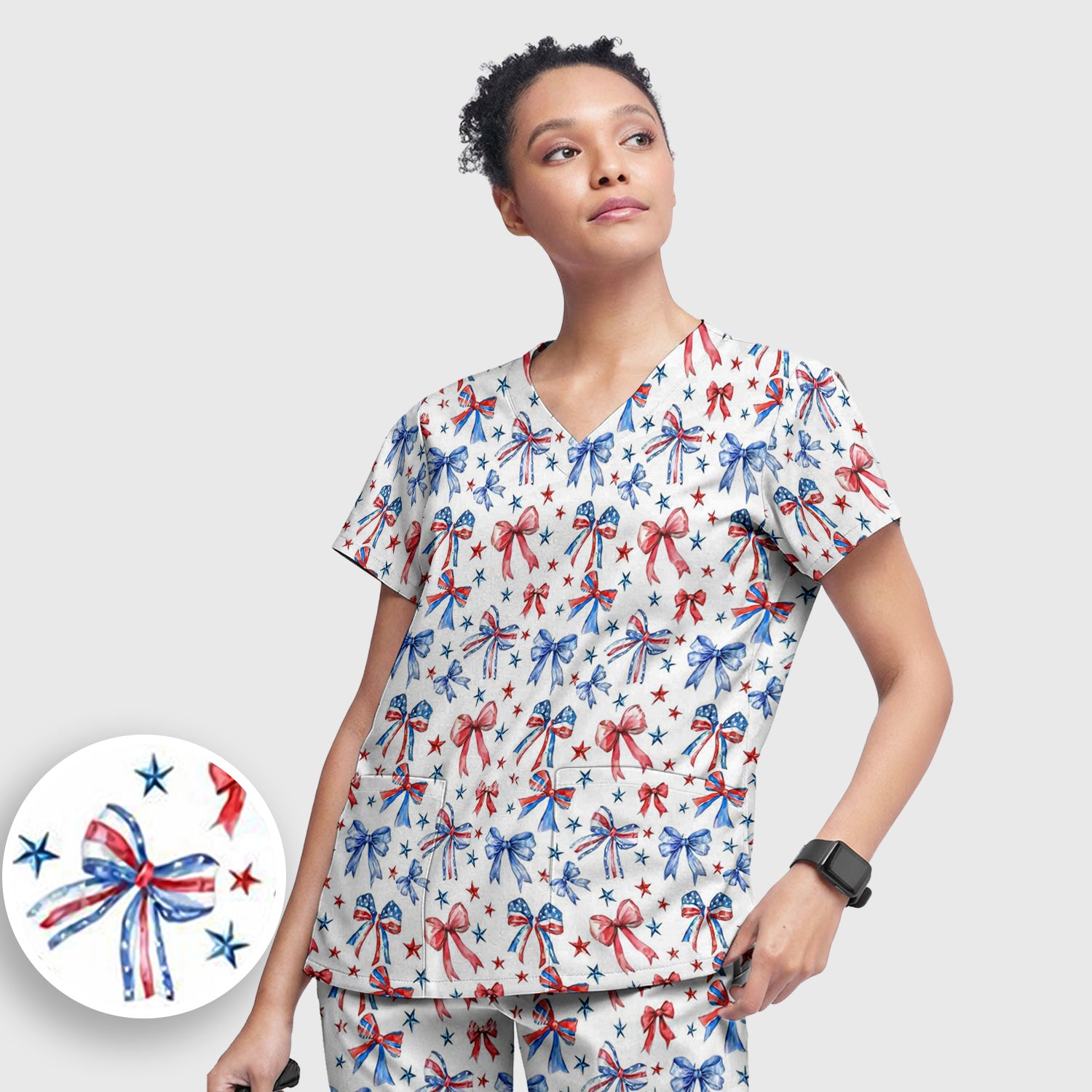 Festive Patriotic Ribbon Bow Star Pattern Scrub Set, Scrub Pants and V Neck Top