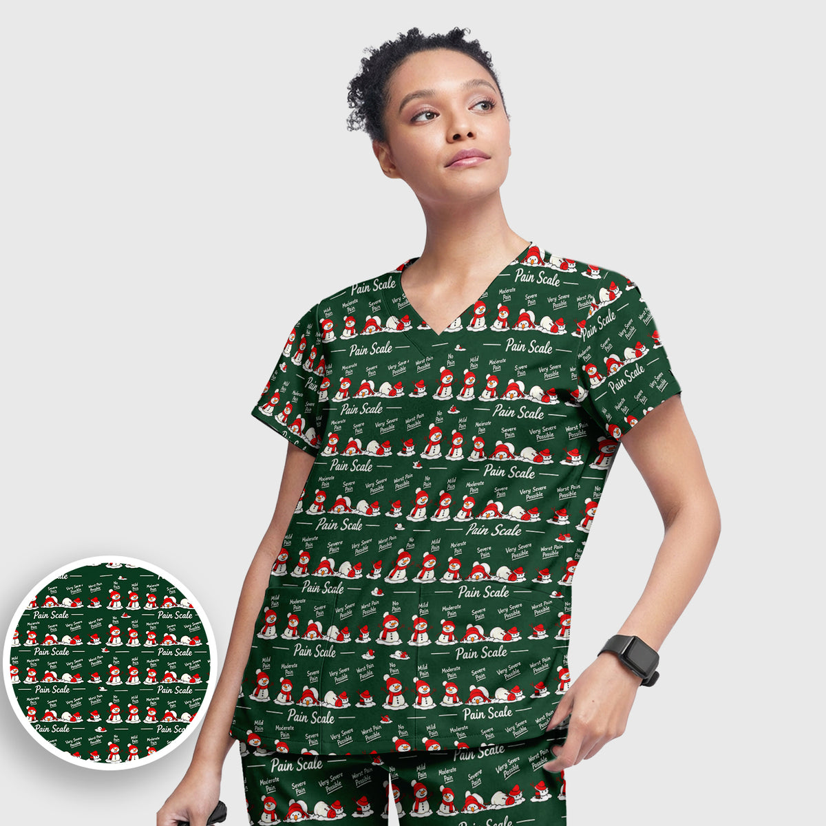 Funny Christmas Snowman Pain Scale Scrub Set, Scrub Pants and V Neck Top
