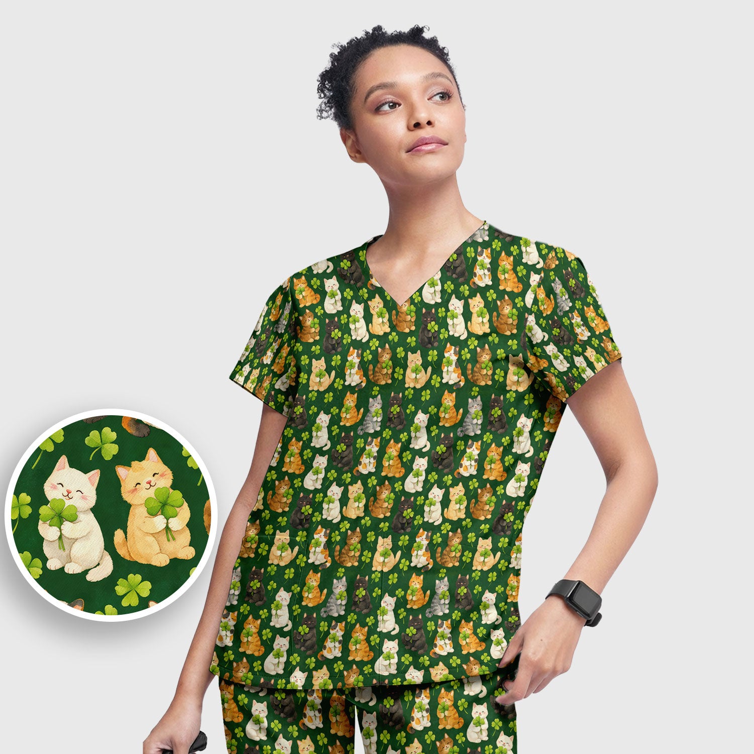 Funny St. Patrick’s Black Cat Nurse Scrub Set, Comfortable Uniform Scrubs For Nursing