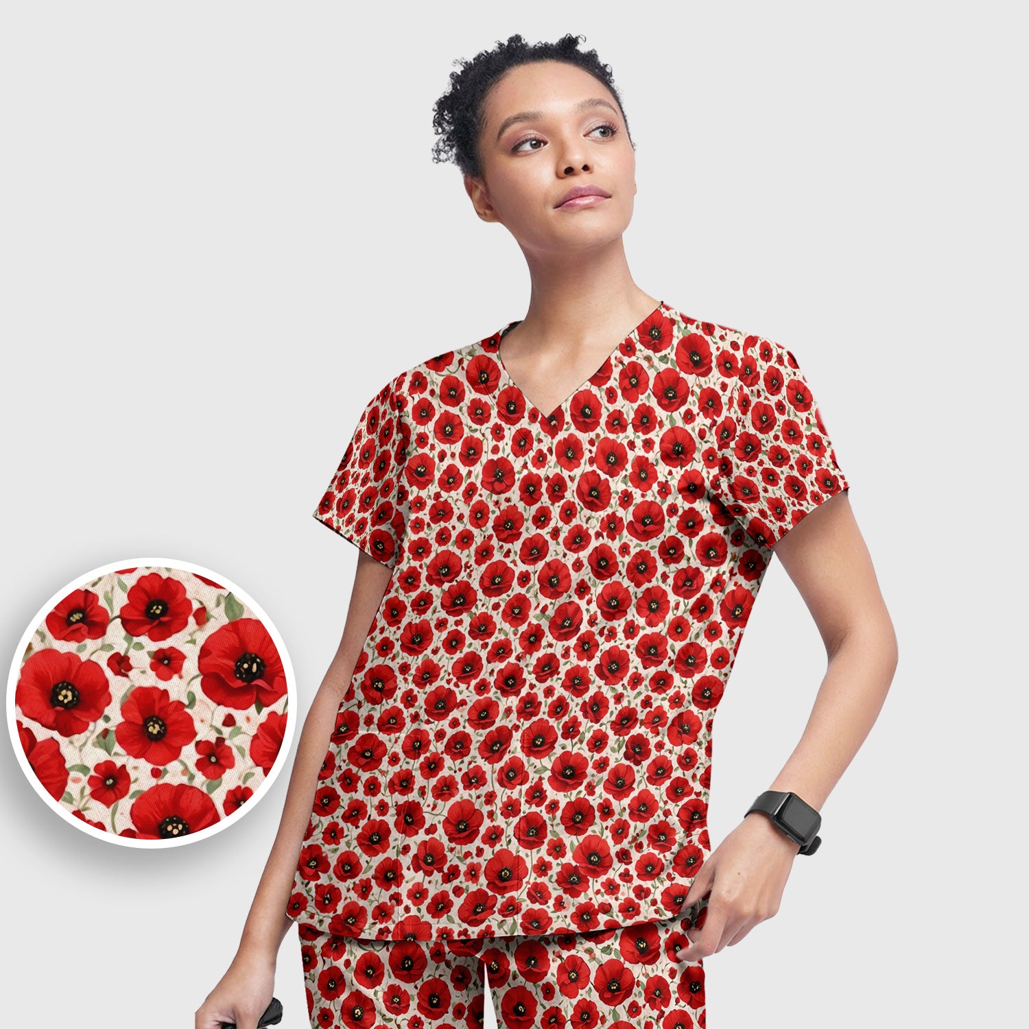 Pretty Red Poppy Flower Garden Pattern Scrub Set, Scrub Pants and V Neck Top