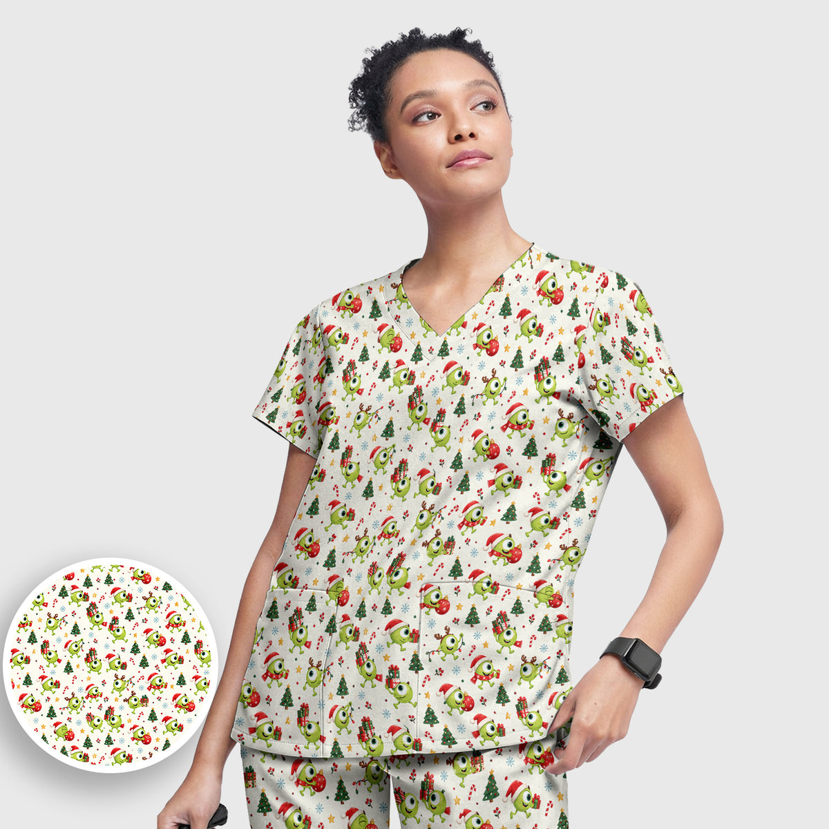 Christmas One Eyed Green Monsters Scrub Set, Scrub Pants and V Neck Top