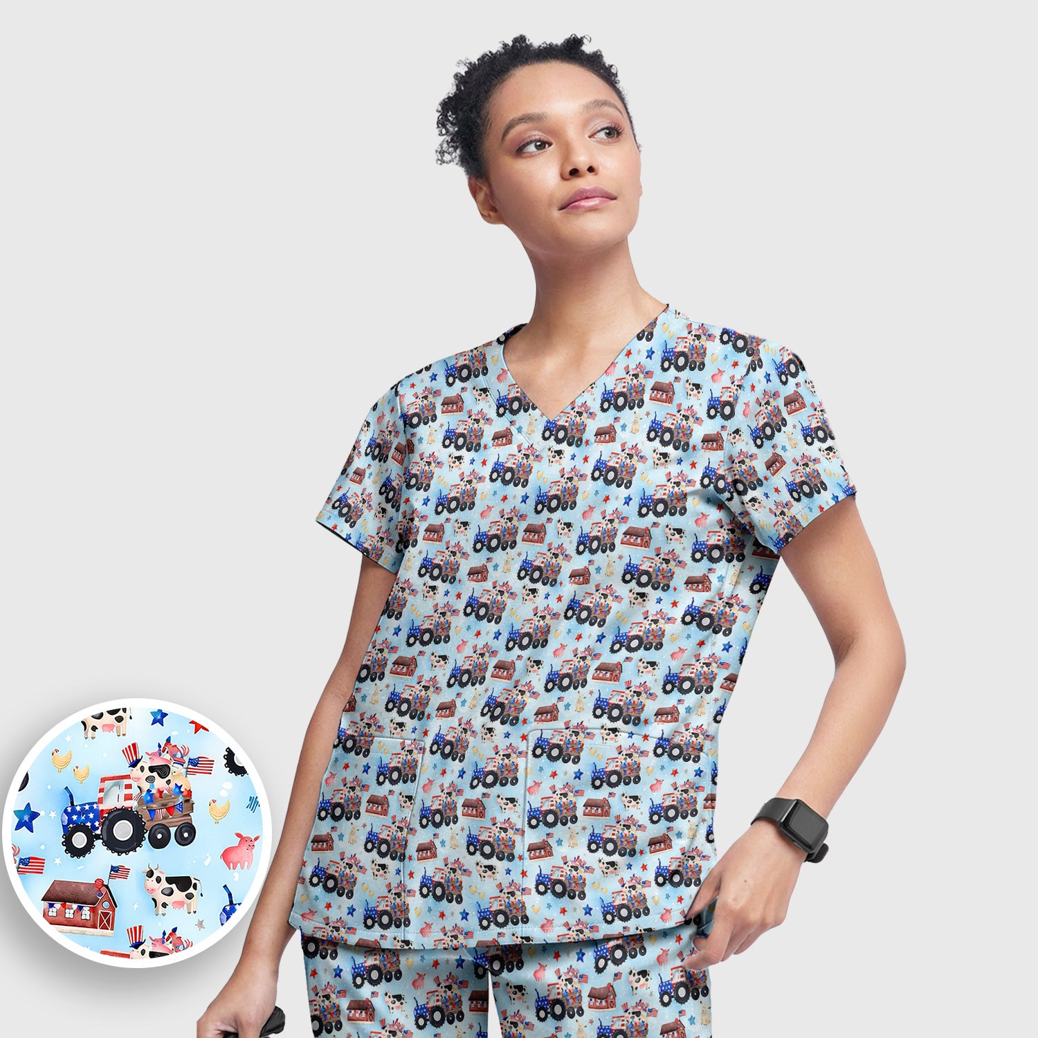 Patriotic Cow Tractor Farm Stars Pattern Scrub Set, Scrub Pants and V Neck Top
