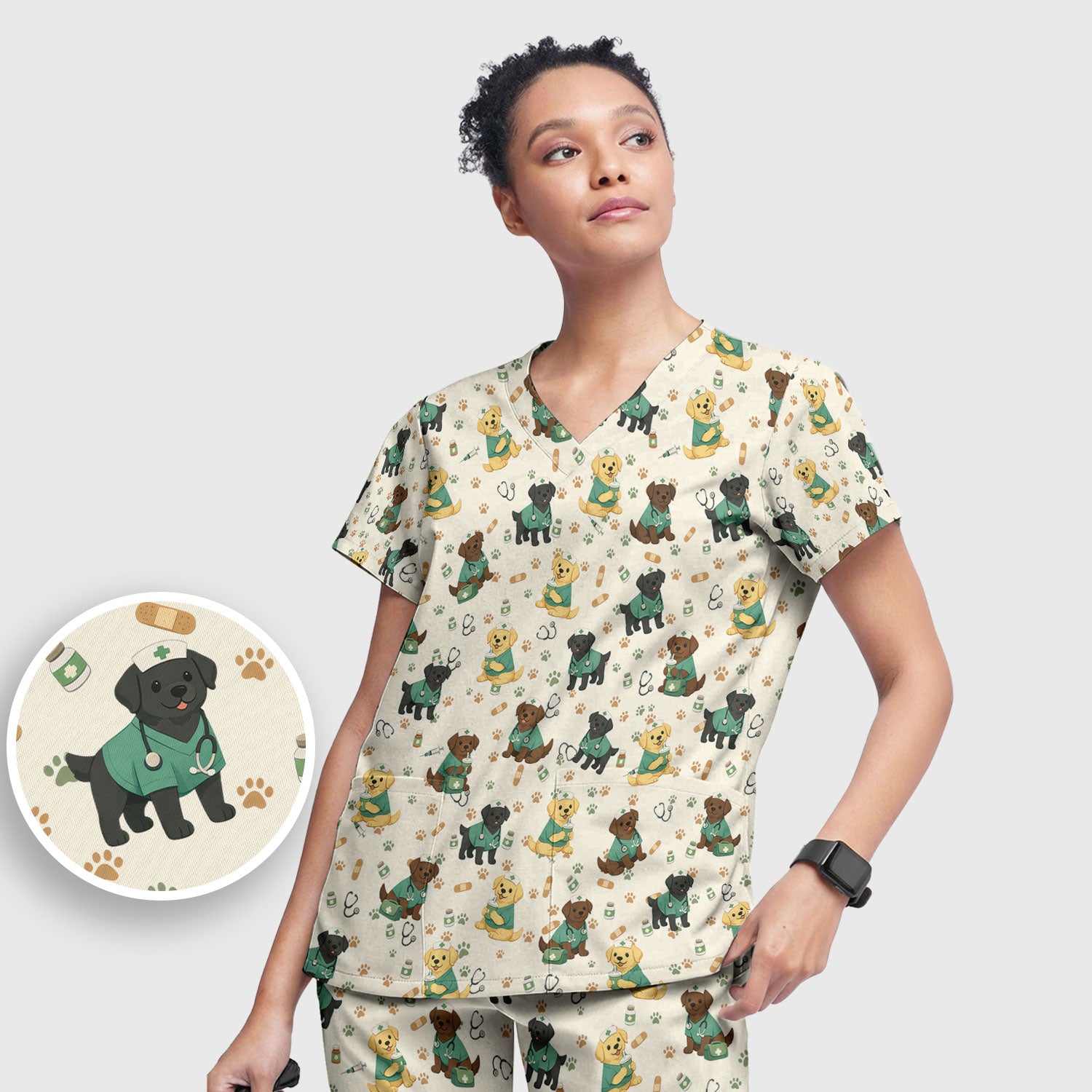 Labrador Retriever Nurse Scrub Set, Cute Medical Dog Pattern Nurses Shirt, Breathable Fabrics Nursing Uniform