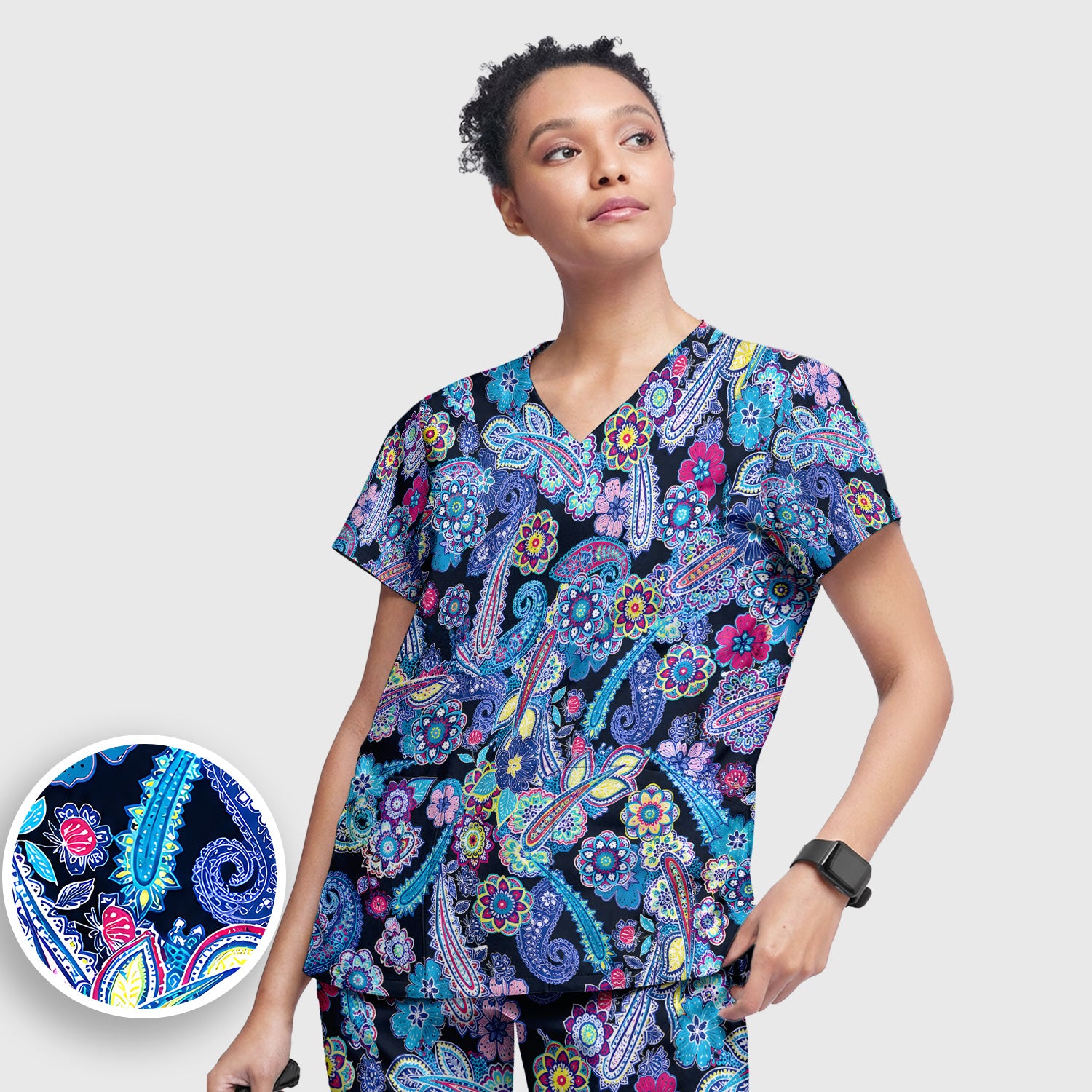 Vibrant Paisley Floral Pattern Scrub Set, Scrub Pants and V Neck Top