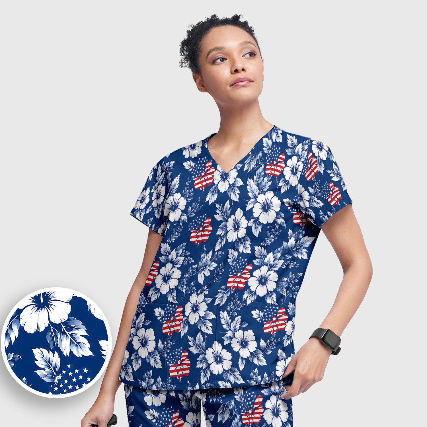 Patriotic Butterfly Floral Nurse for RN & CNA, American Flag Healthcare Workers Uniform Scrub Set, Scrub Pants and V Neck Top