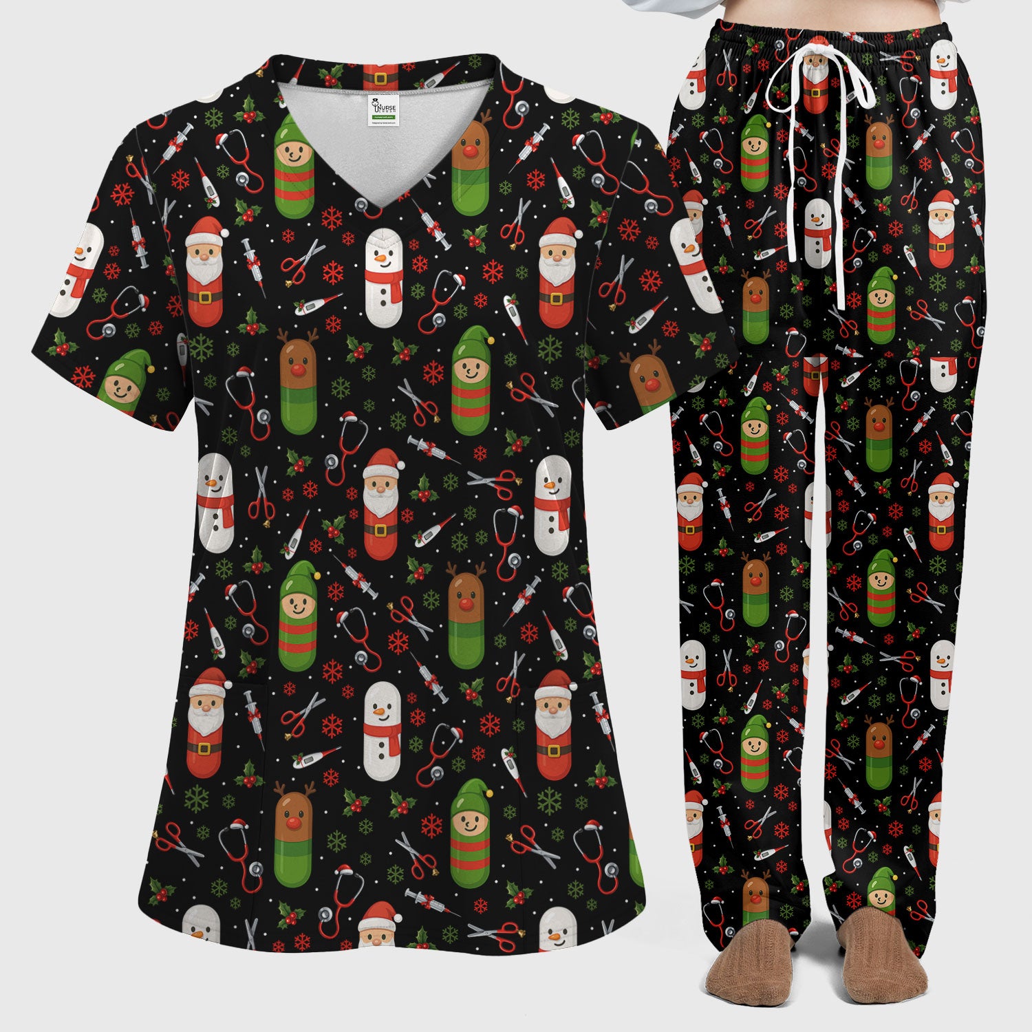 Santa Christmas Scrubs Set - Cute Holiday Pattern with Reindeer and Snowman - Fun Medical Scrub Top and Pants for Women Nurses