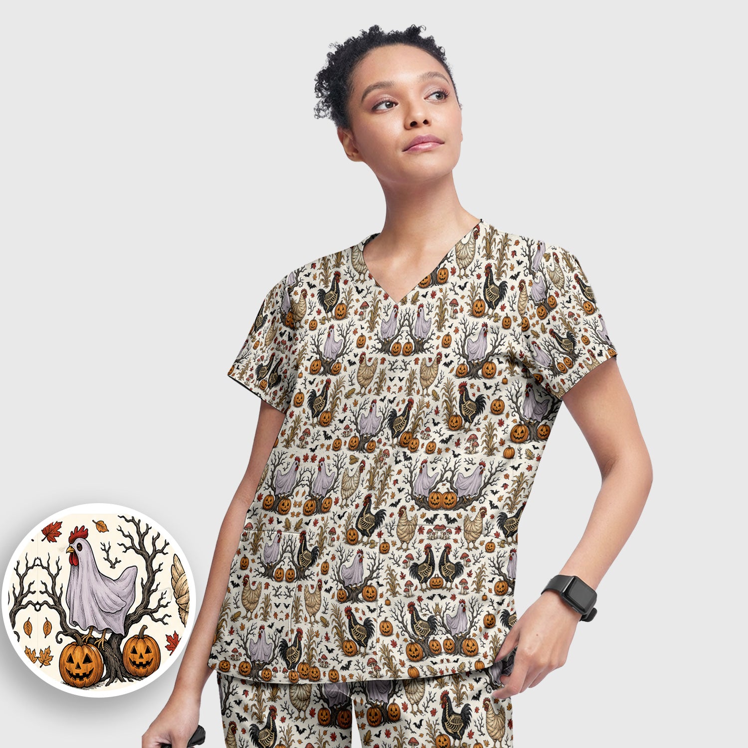 Halloween Skeleton Chickens Pattern Scrub Set, Scrub Pants and V Neck Top