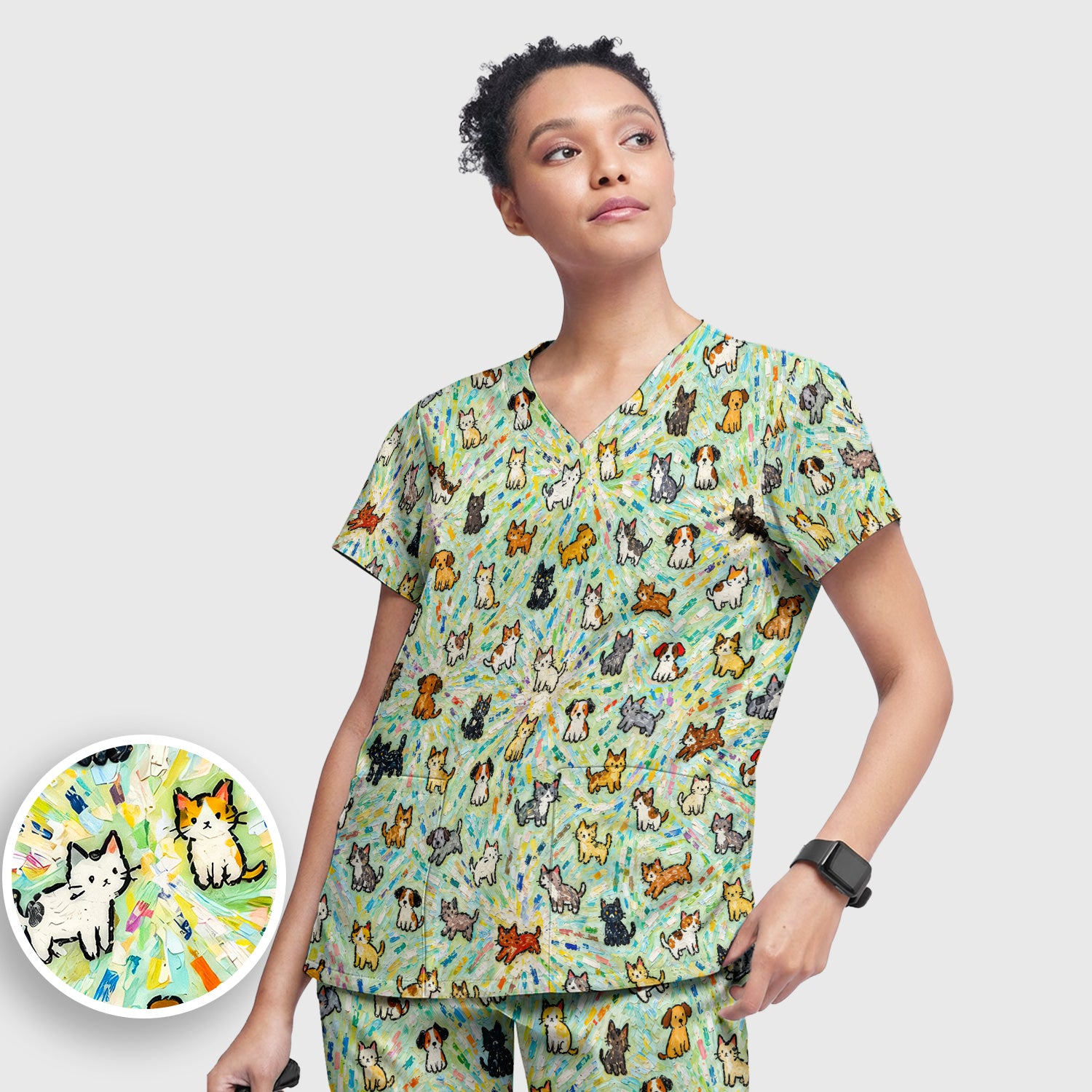 Colorful Cats Dogs Doodle Pattern Scrub Set, Scrub Pants and V Neck Top