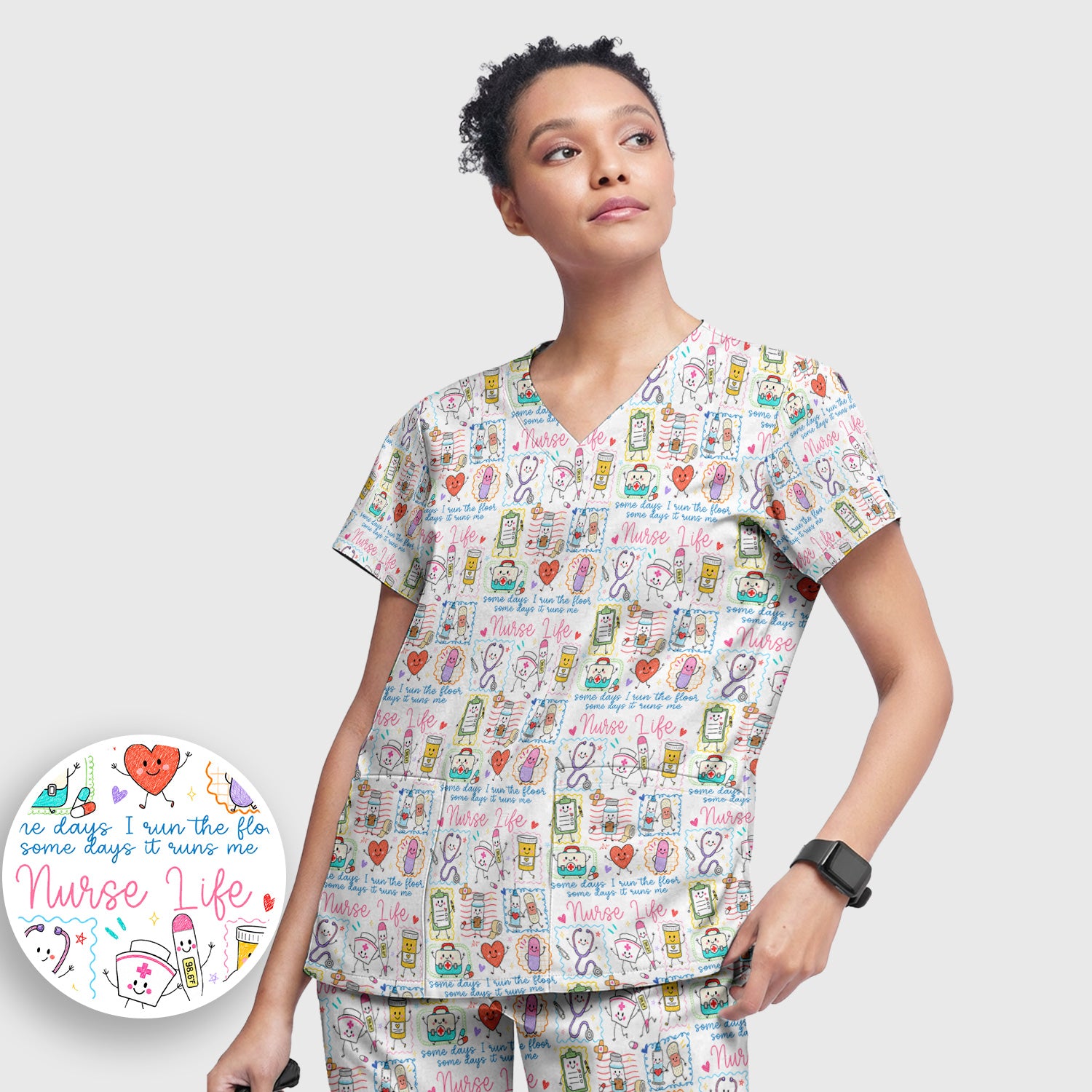 Cute Nurse Life Doodle Pediatric Nurse Scrub Set, Scrub Pants and V Neck Top