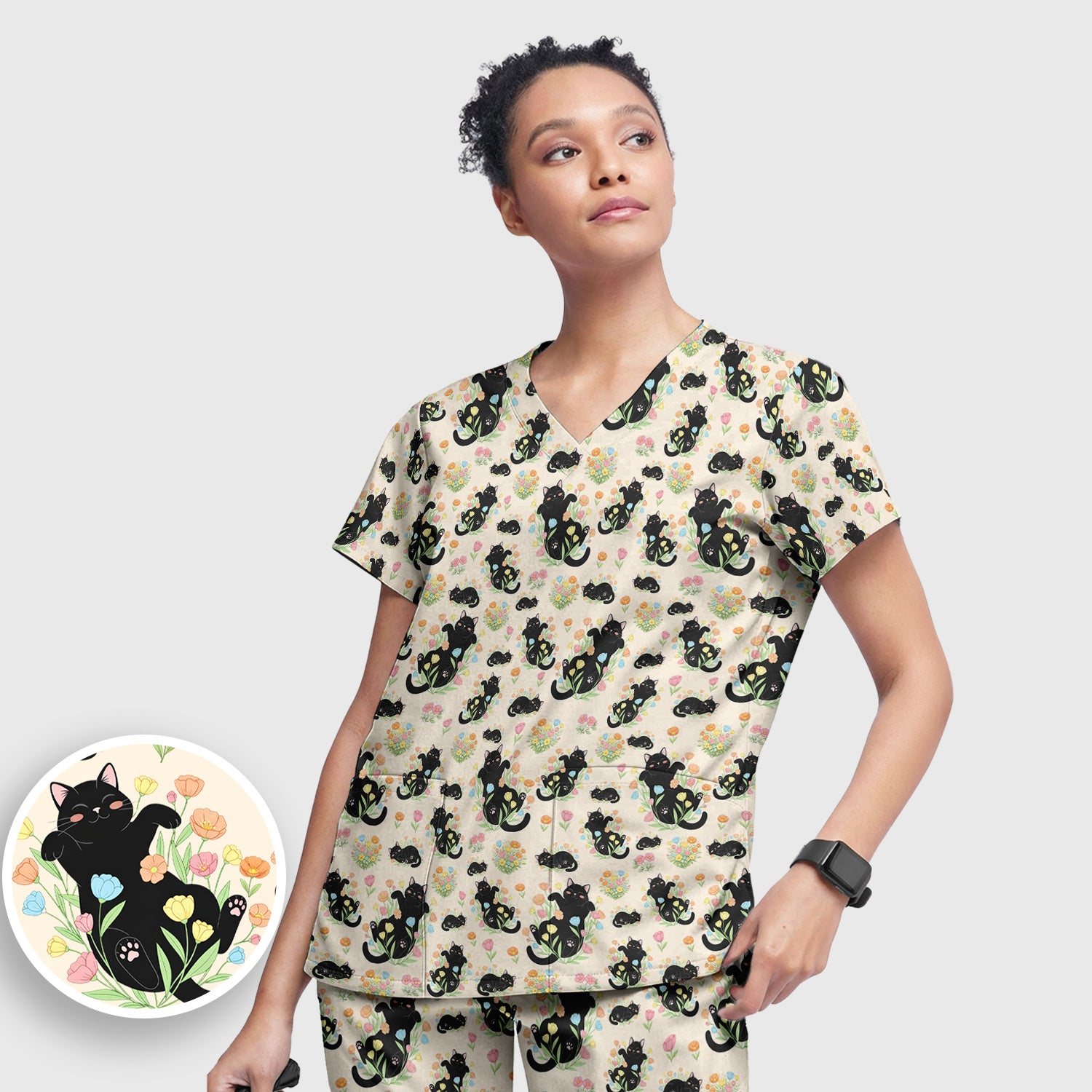 Cats With Cute Poses Floral Pattern Scrubs Sets, Scrub Pants and V Neck Top