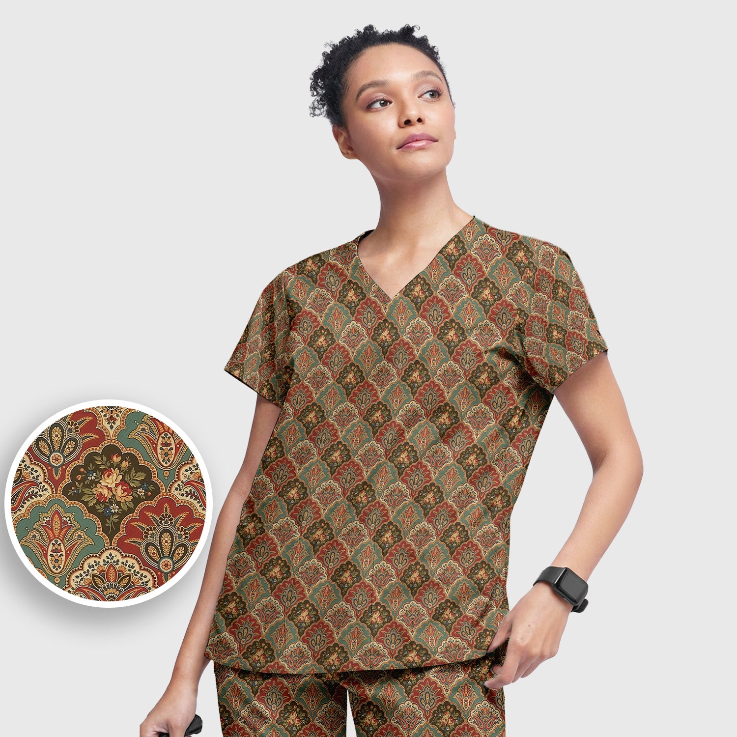 Vintage Floral Paisley Ornament Pattern Scrub Set, Scrub Pants and V Neck Top