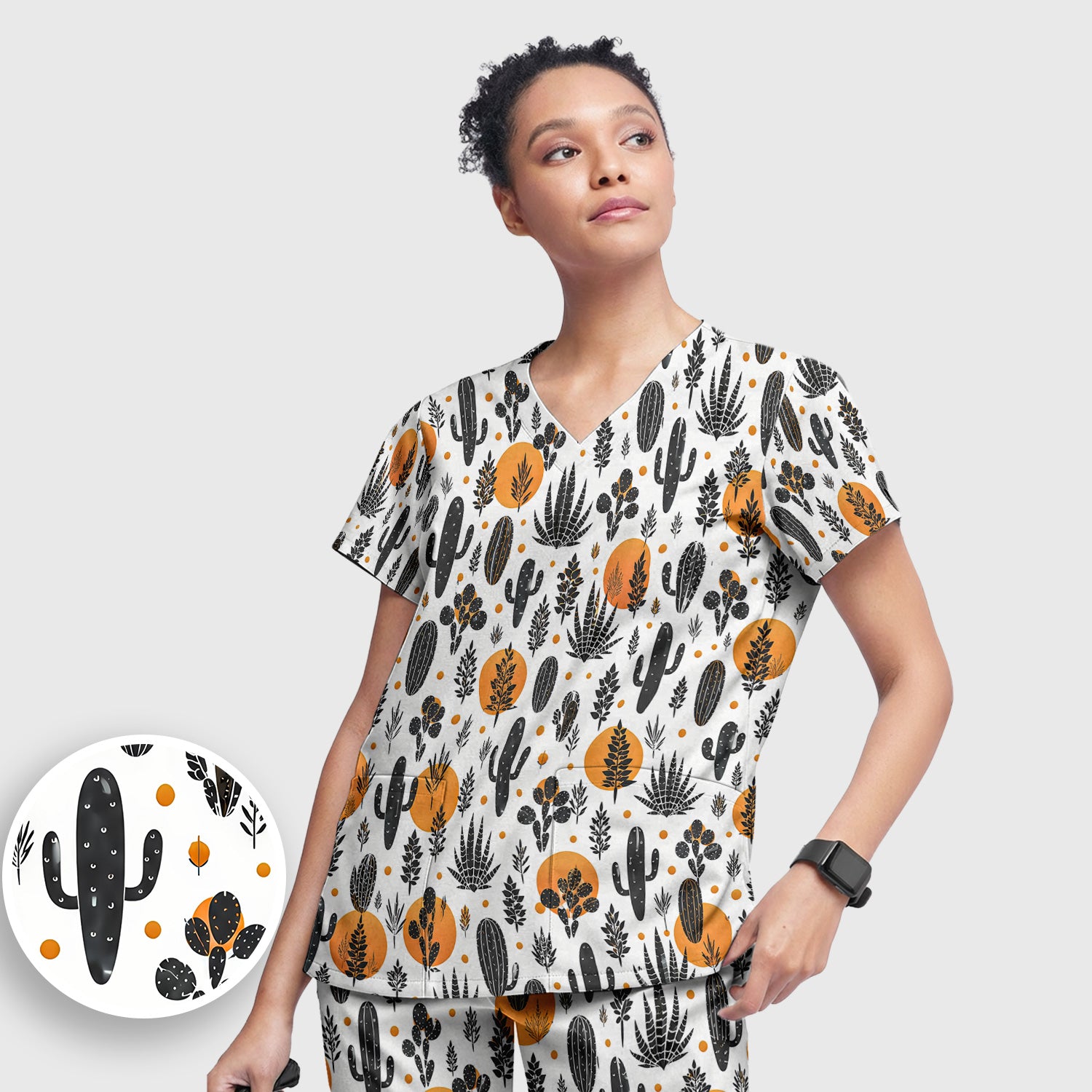 Desert Cactus Orange Sun Pattern Scrub Set, Scrub Pants and V Neck Top