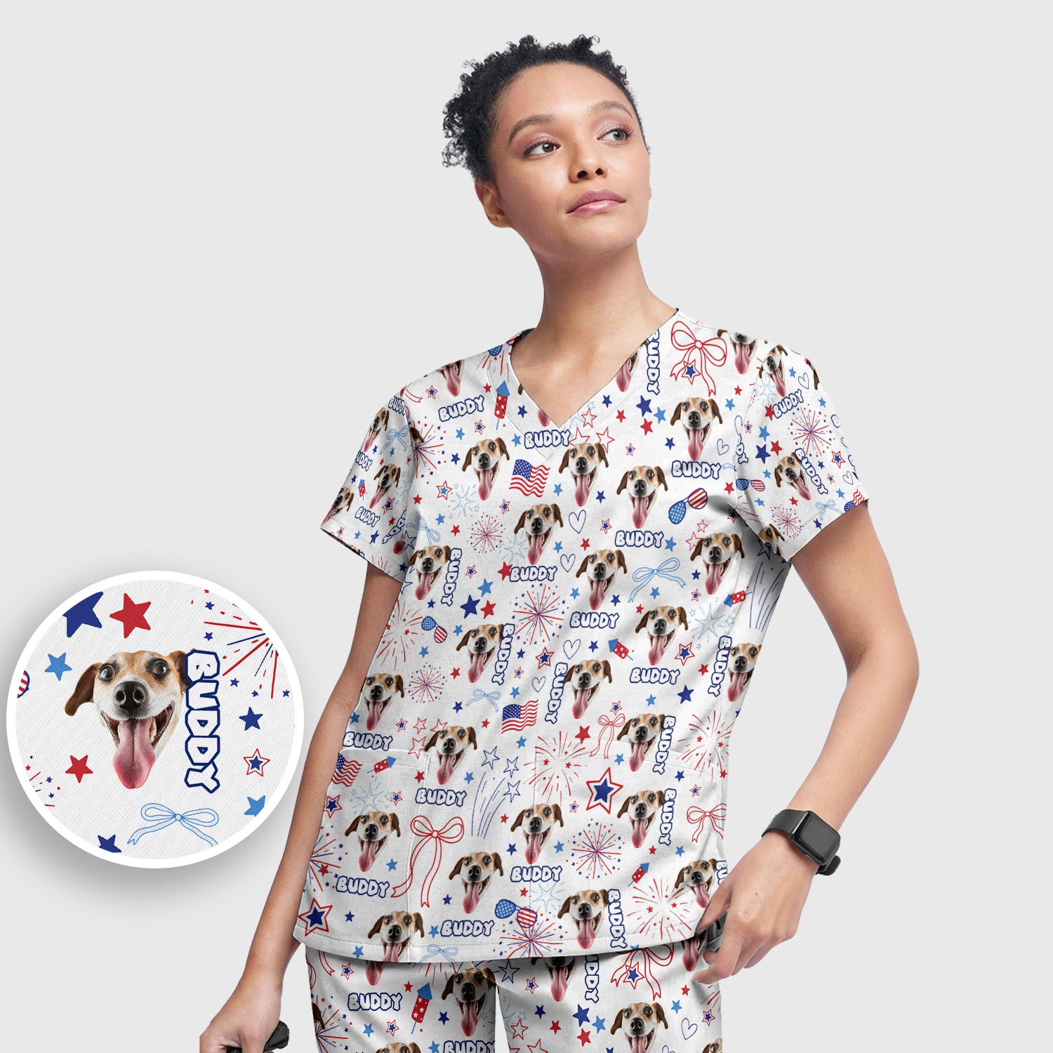 Personalized Patriotic Dog Face Name Pattern Scrub Set, Scrub Pants and V Neck Top
