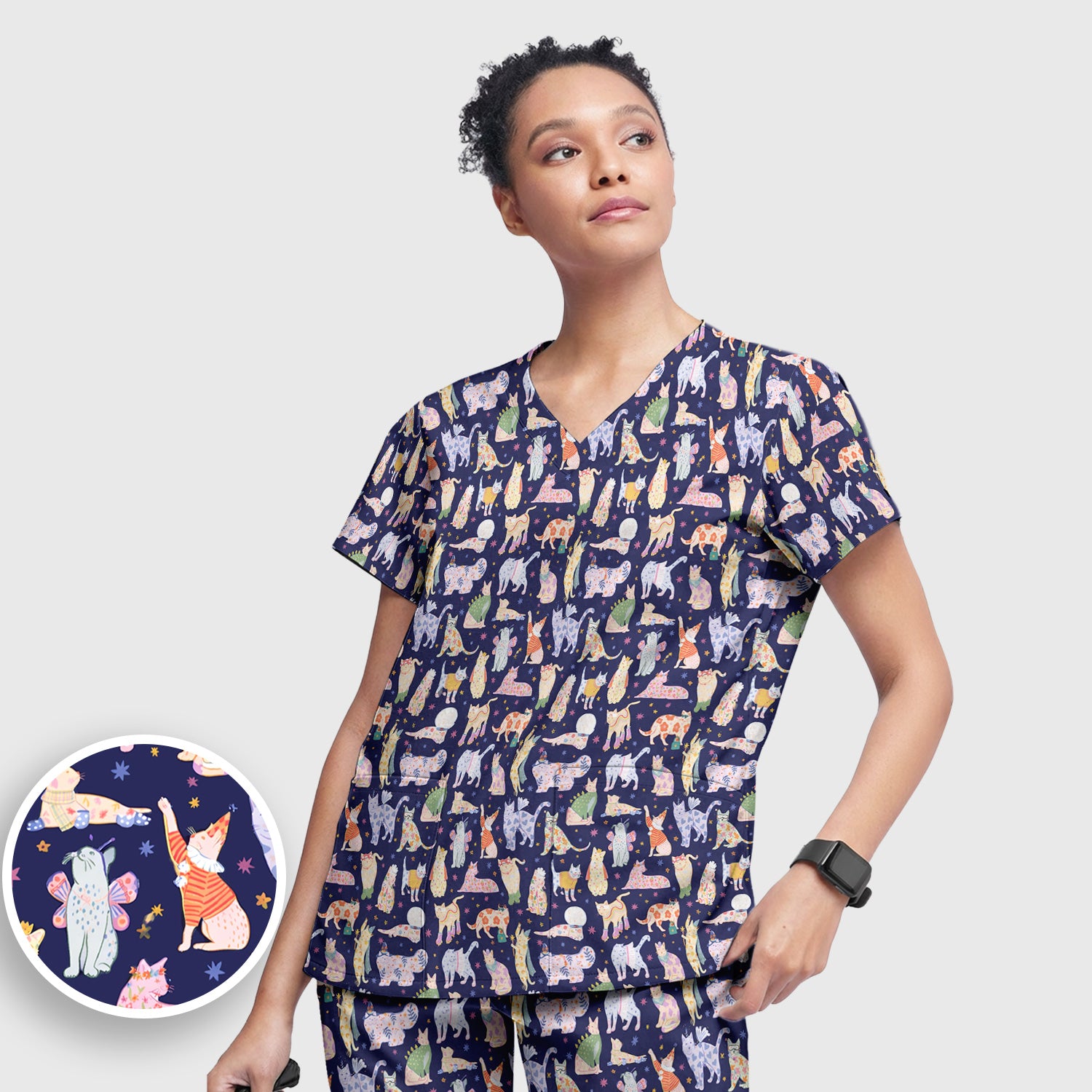 Cute Colorful Cats Pattern Scrub Set, Scrub Pants and V Neck Top