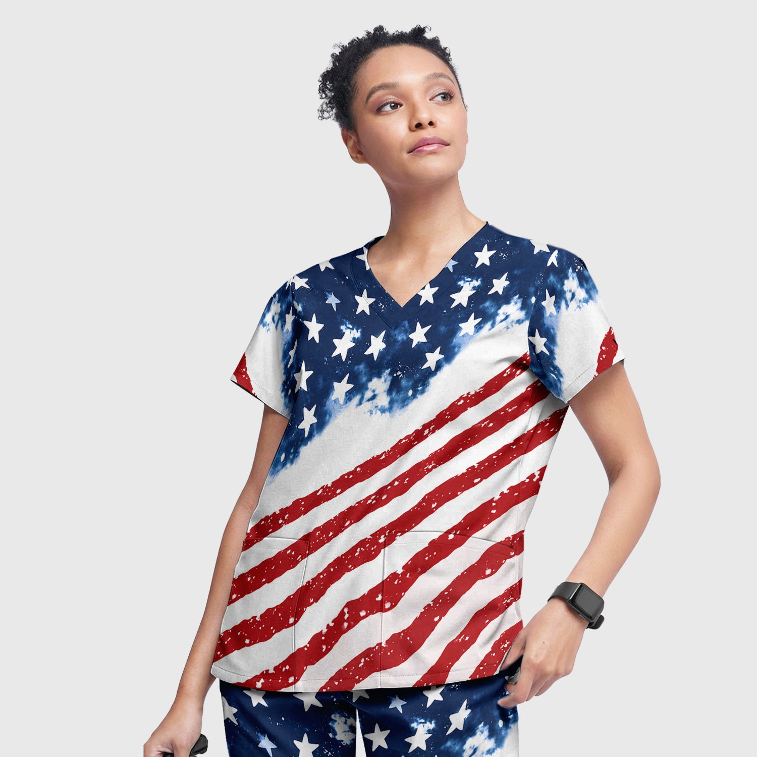 USA Stars And Stripes Pattern Scrub Set, Scrub Pants and V Neck Top