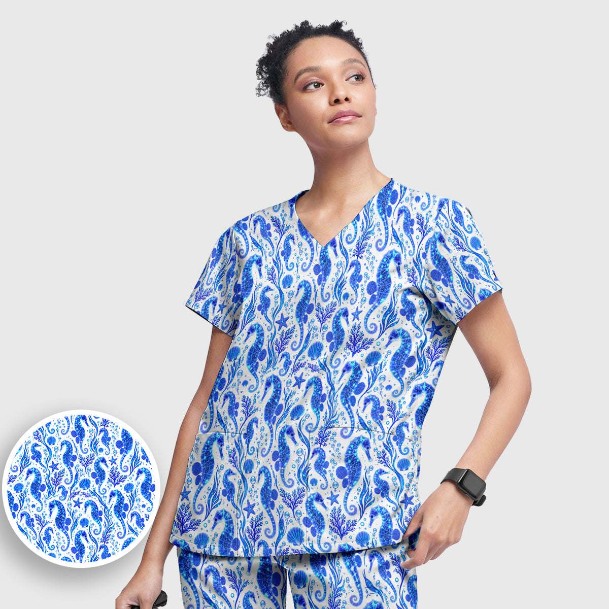 Blue Ocean Seahorse Pattern Scrub Set, Scrub Pants and V Neck Top