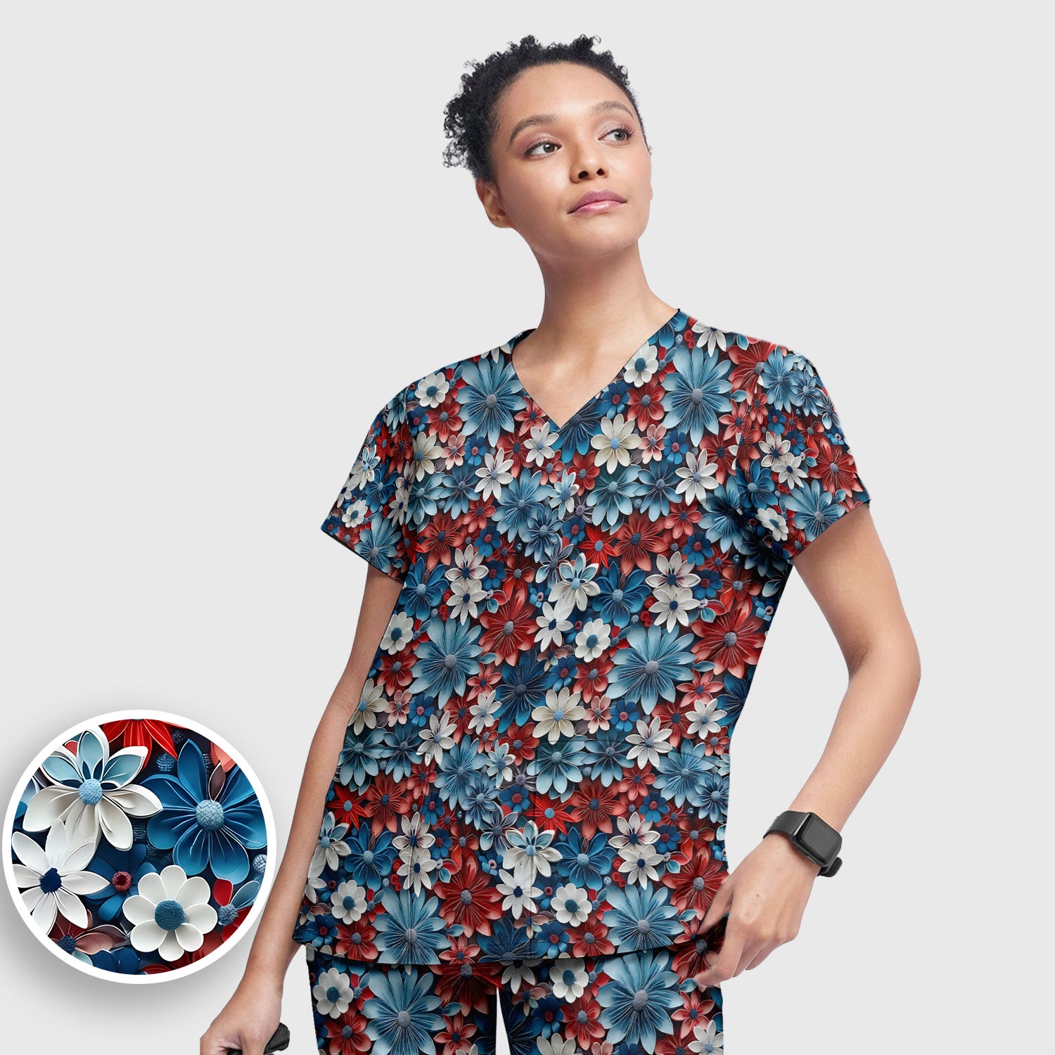 Patriotic 3D Floral Nurse for RN & CNA, Red Blue White Healthcare Workers Uniform Scrub Set, Scrub Pants and V Neck Top