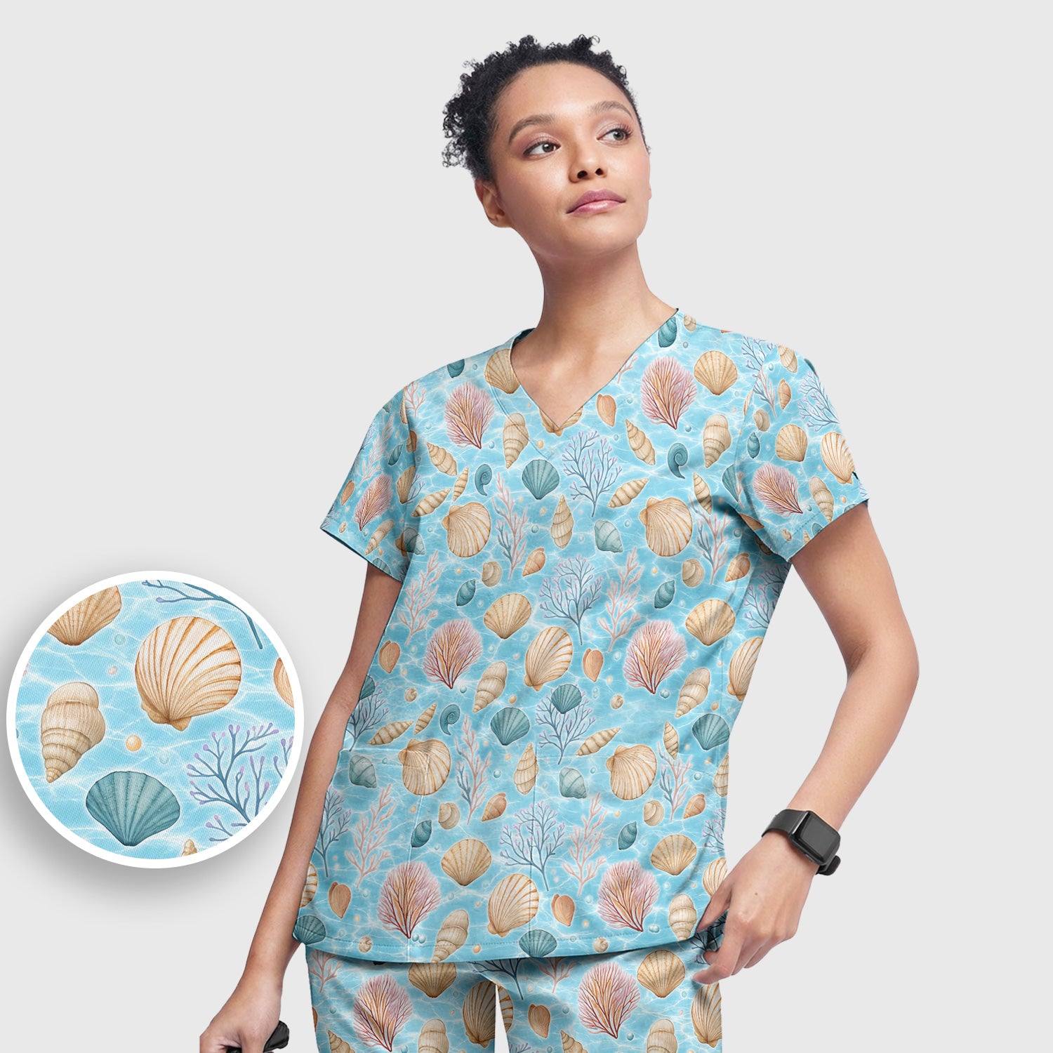 Cute Nurse Coastal Seashell And Coral Reef Scrub Set, Scrub Pants and V Neck Top