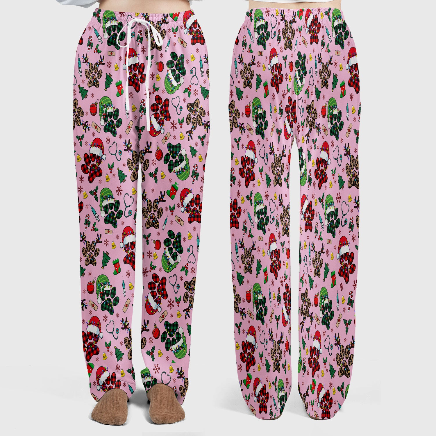 Christmas Paw Print Scrub Set for Nurses - Cute Leopard Holiday Pants and V Neck Top - Funny Pet Medical Uniform Gift