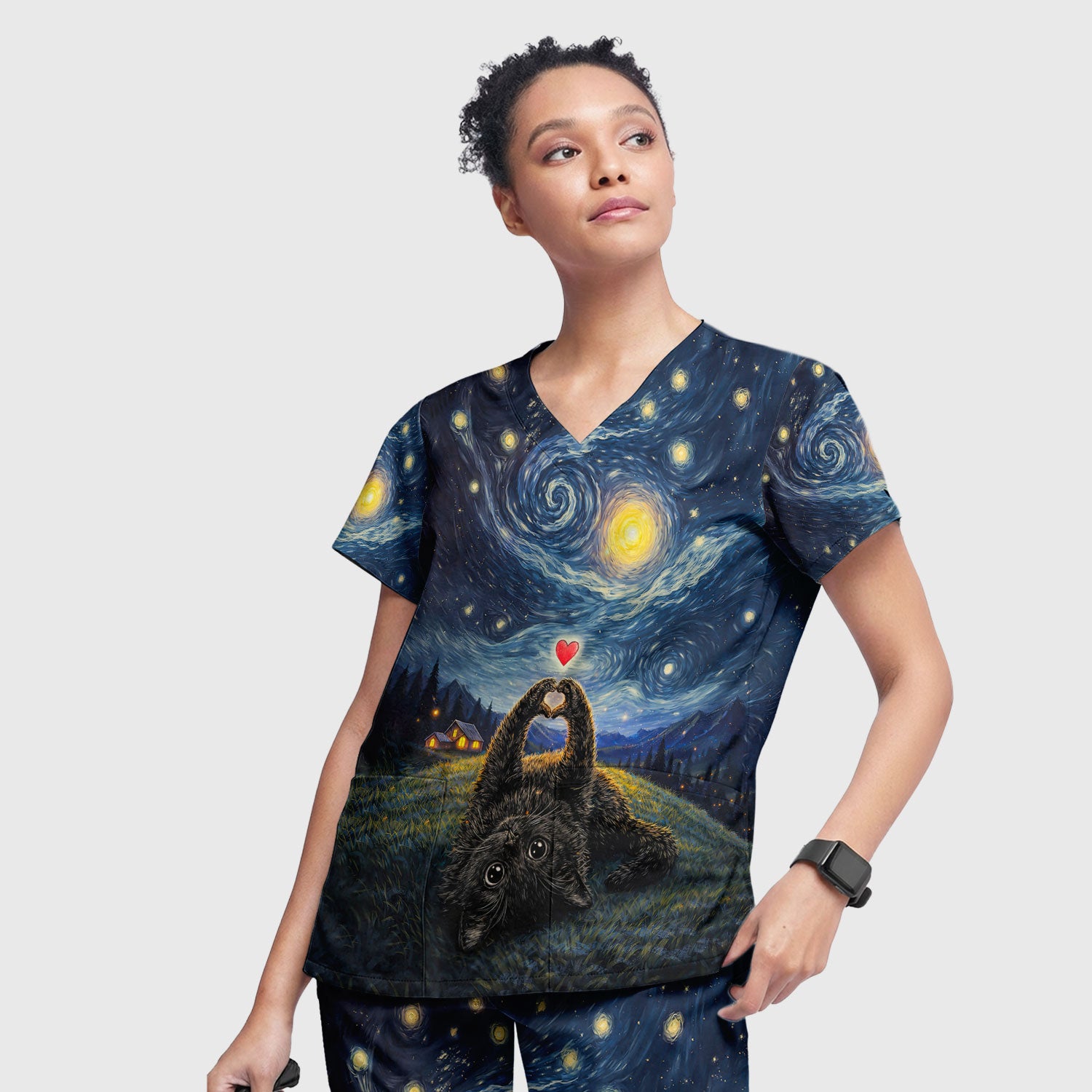 Starry Night Black Cat Heart Art Scrub Set, Breathable Med Uniform