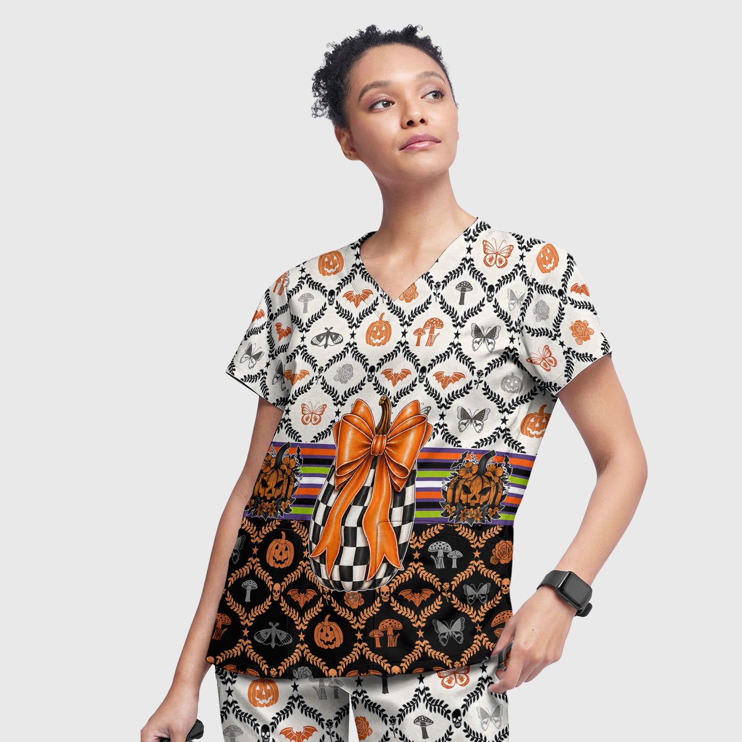 Halloween Checkered Pumpkin With Bow Pattern Scrub Set, Scrub Pants and V Neck Top