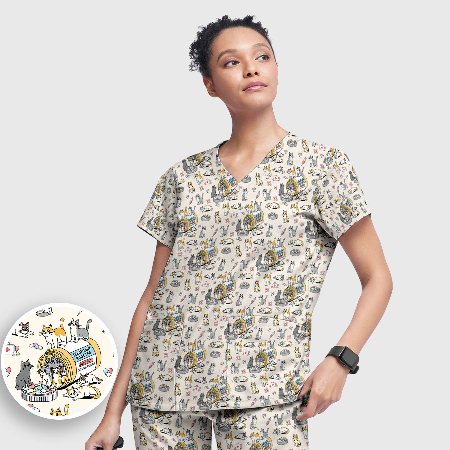 Cute Cat Serotonin Booster Pattern Women's Scrub Set, Breathable Med Uniform