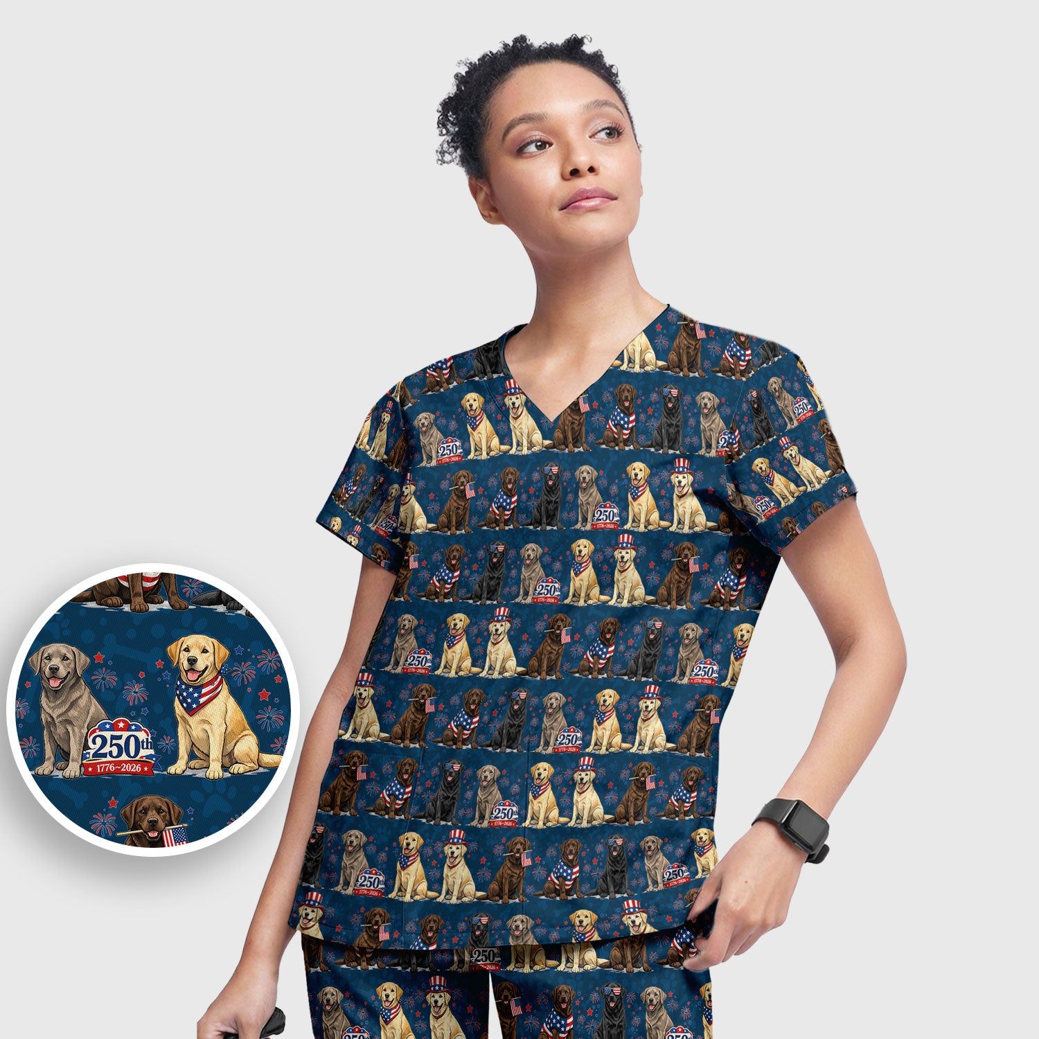 4th of July Labrador Dog Patriotic Print Scrub Set, Scrub Pants and V Neck Top