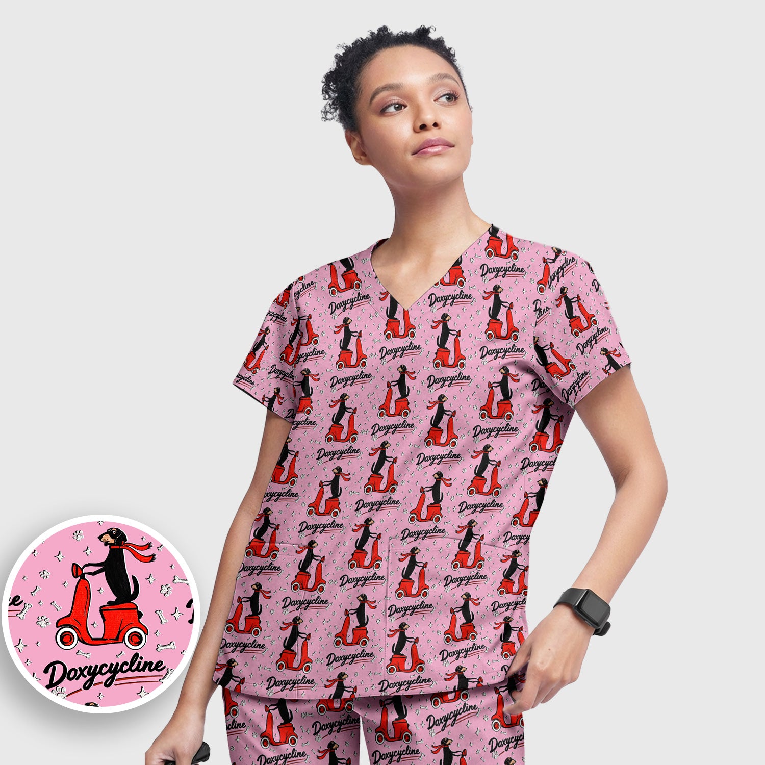 Funny Dachshund Riding Scooter Doxycycline Print Scrub Set, Breathable Med Uniform
