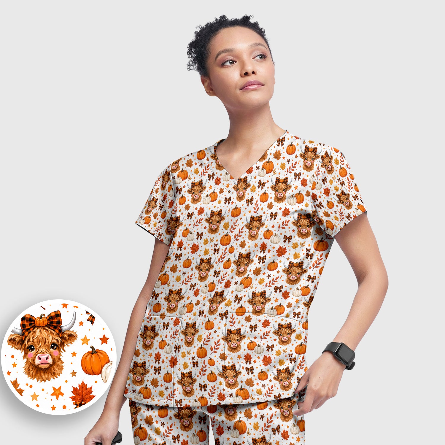Cute Fall Highland Cow Scrub Set, Scrub Pants and V Neck Top