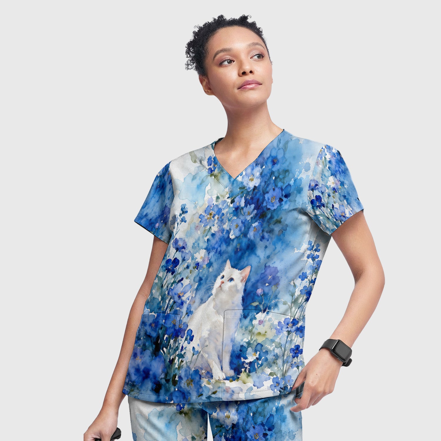 Adorable Blue Floral White Cat Pattern Scrub Set, Scrub Pants and V Neck Top