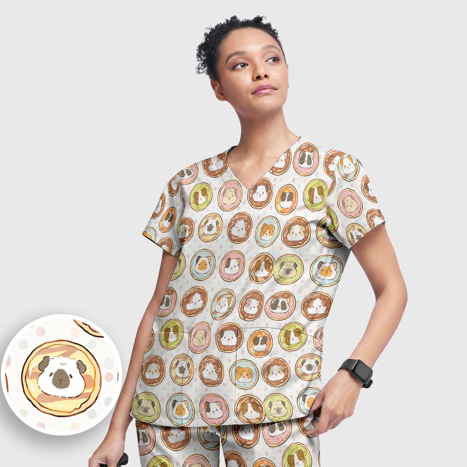 Cute Guinea Pig Donut Circle Pattern Scrub Set, Scrub Pants and V Neck Top