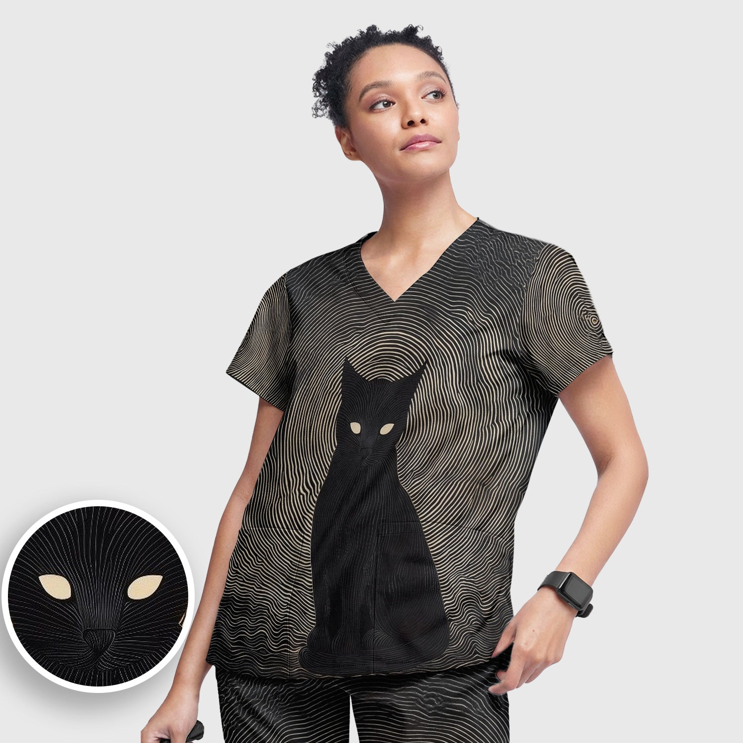 Black Cat Line Art Print Scrub Set, Scrub Pants and V Neck Top