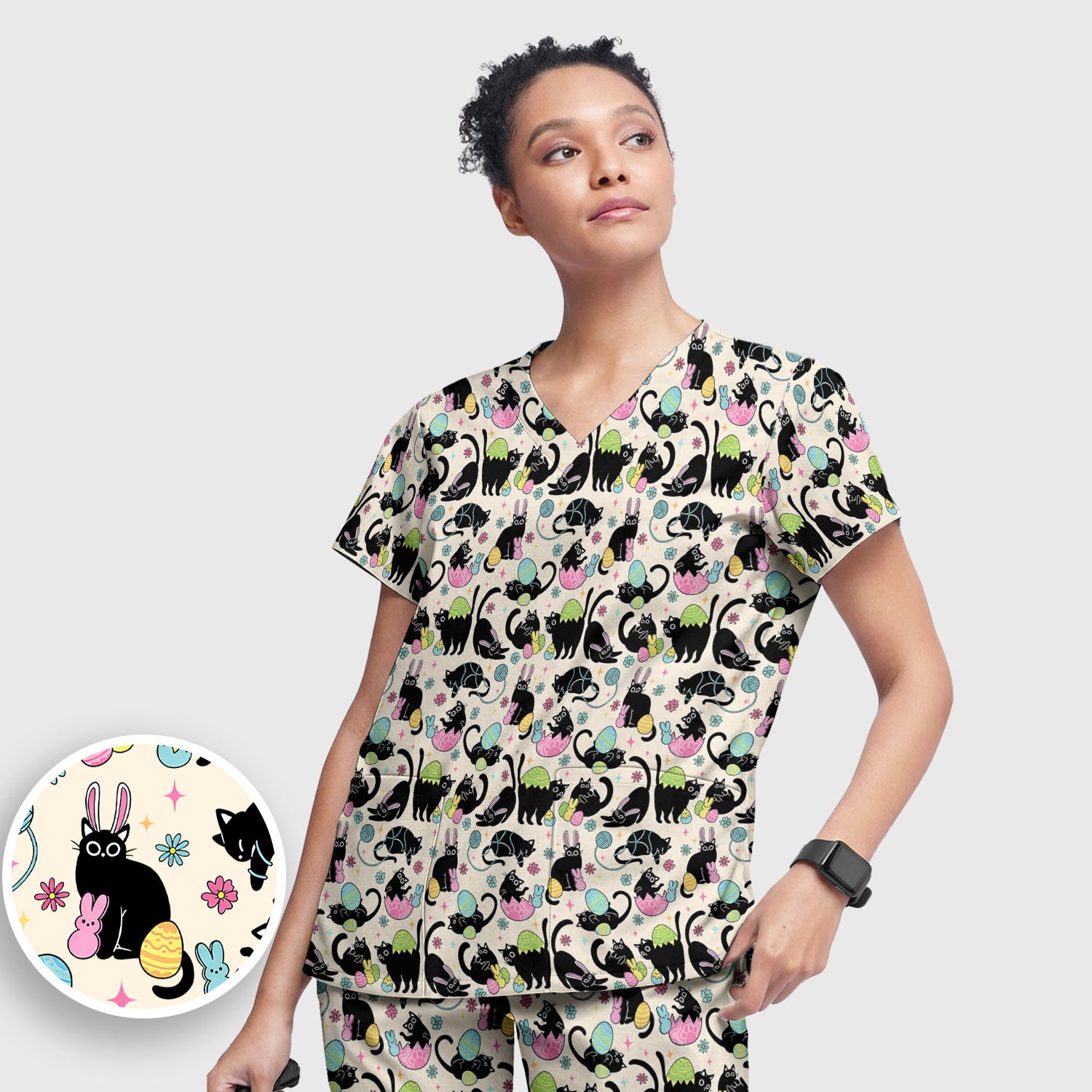 Funny Easter Black Cat Egg Pattern Scrub Set, Scrub Pants and V Neck Top
