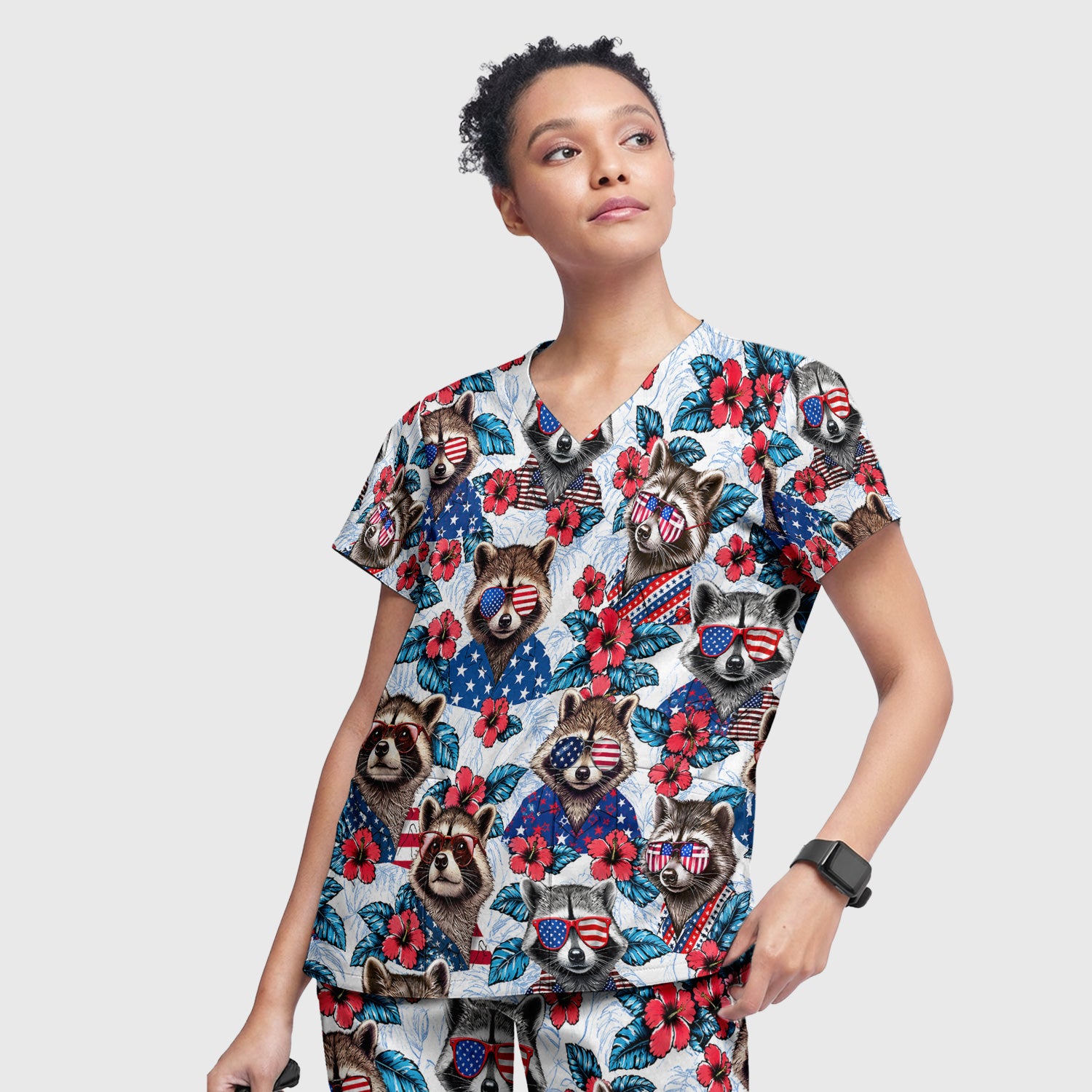 Funny Patriotic Raccoon Sunglasses Pattern Scrub Set, Scrub Pants and V Neck Top