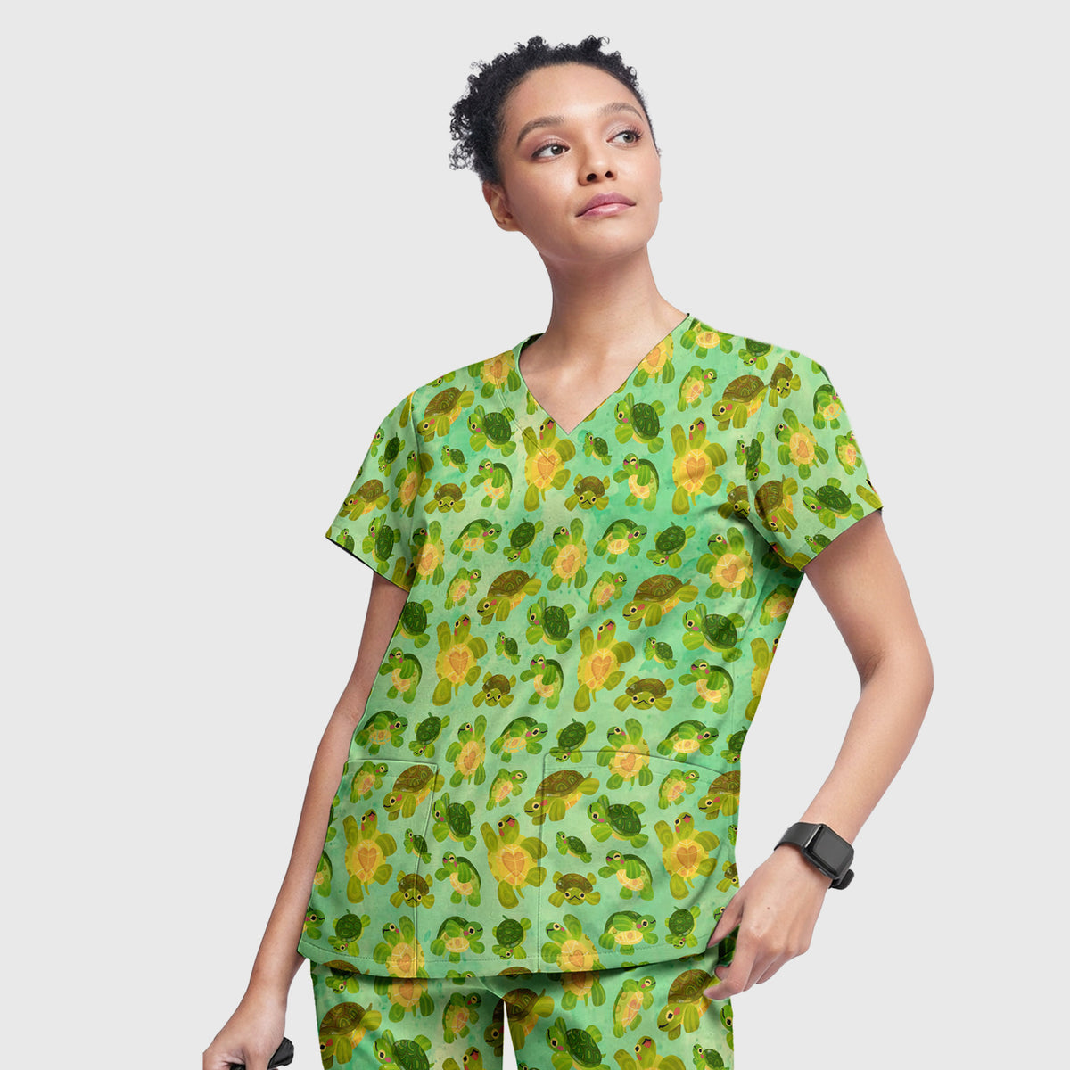 Cute Green Sea Turtle Pattern Scrubs Sets, Breathable Med Uniform