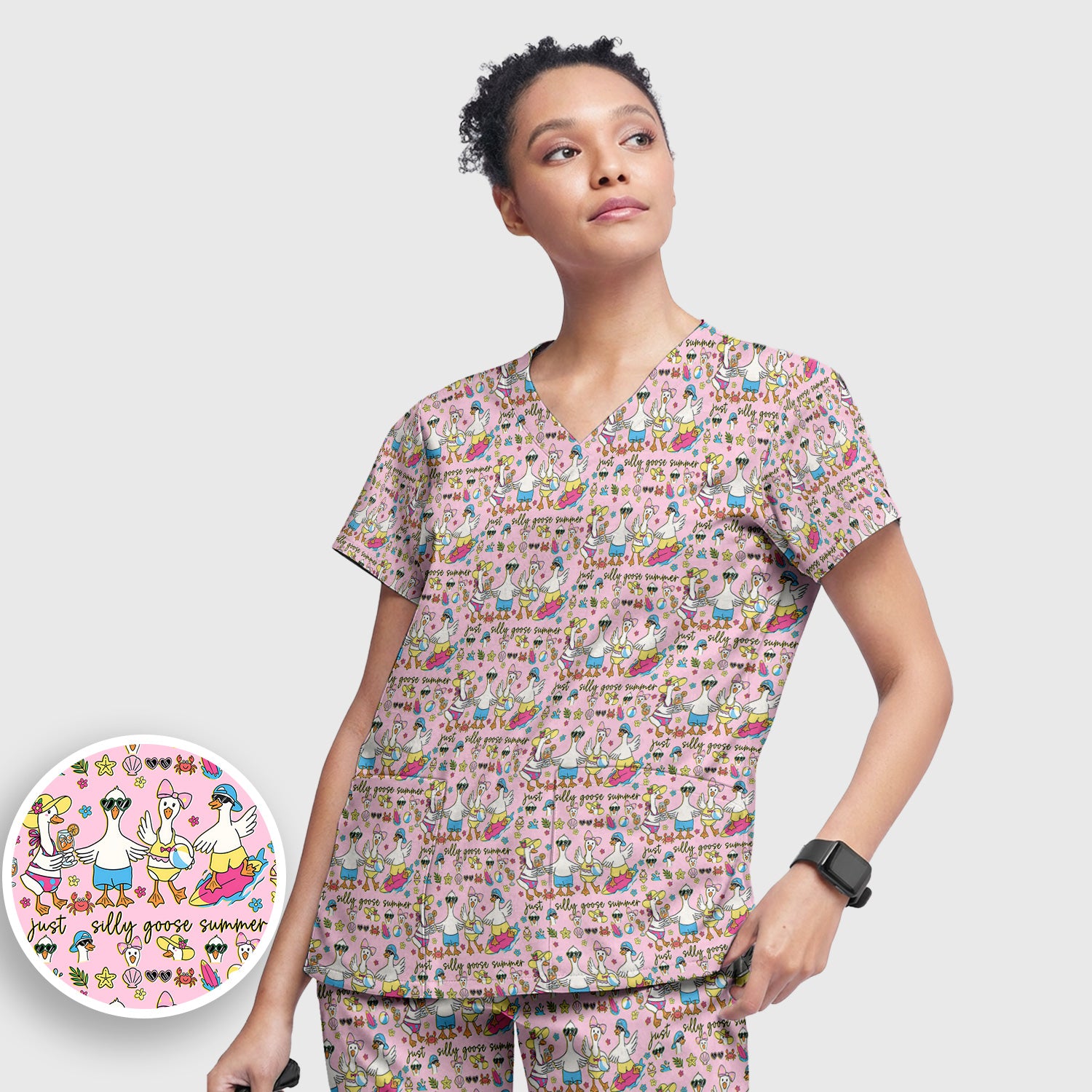 Silly Goose Summer Pattern Scrub Top, Breathable Fabrics Nursing Uniform