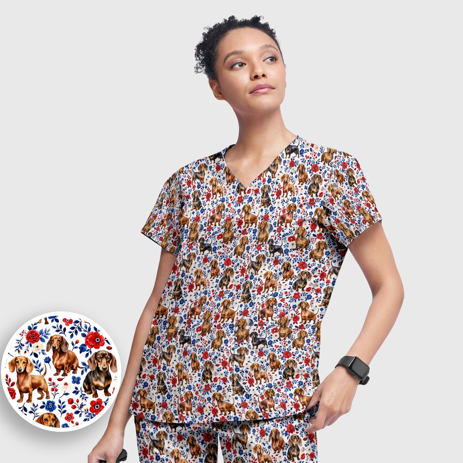 Floral Dachshund Nurse Pattern Scrub Set, Scrub Pants and V Neck Top