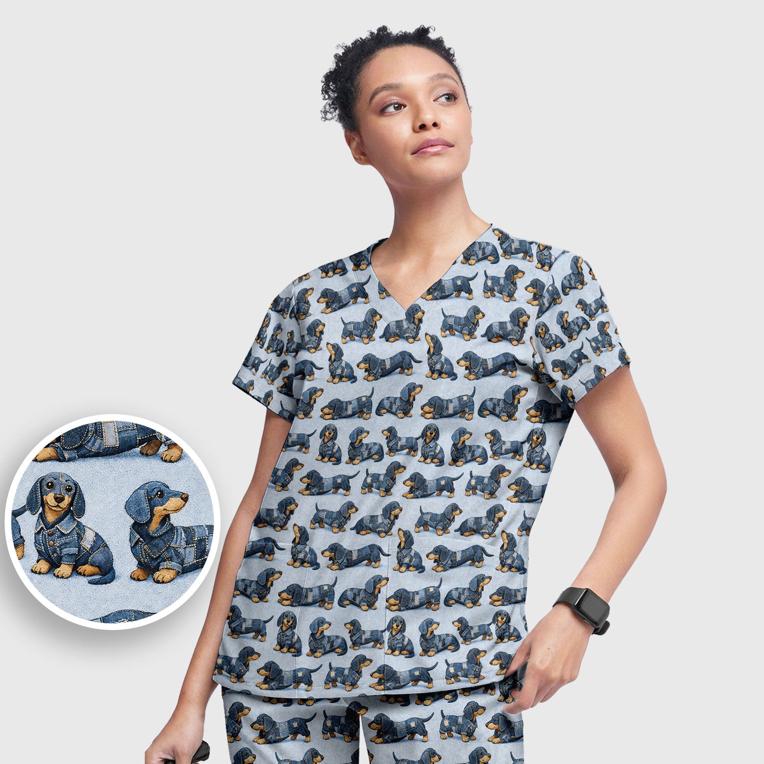 Denim Dachshund Dog Pattern Scrub Set, Women's Scrub Sets