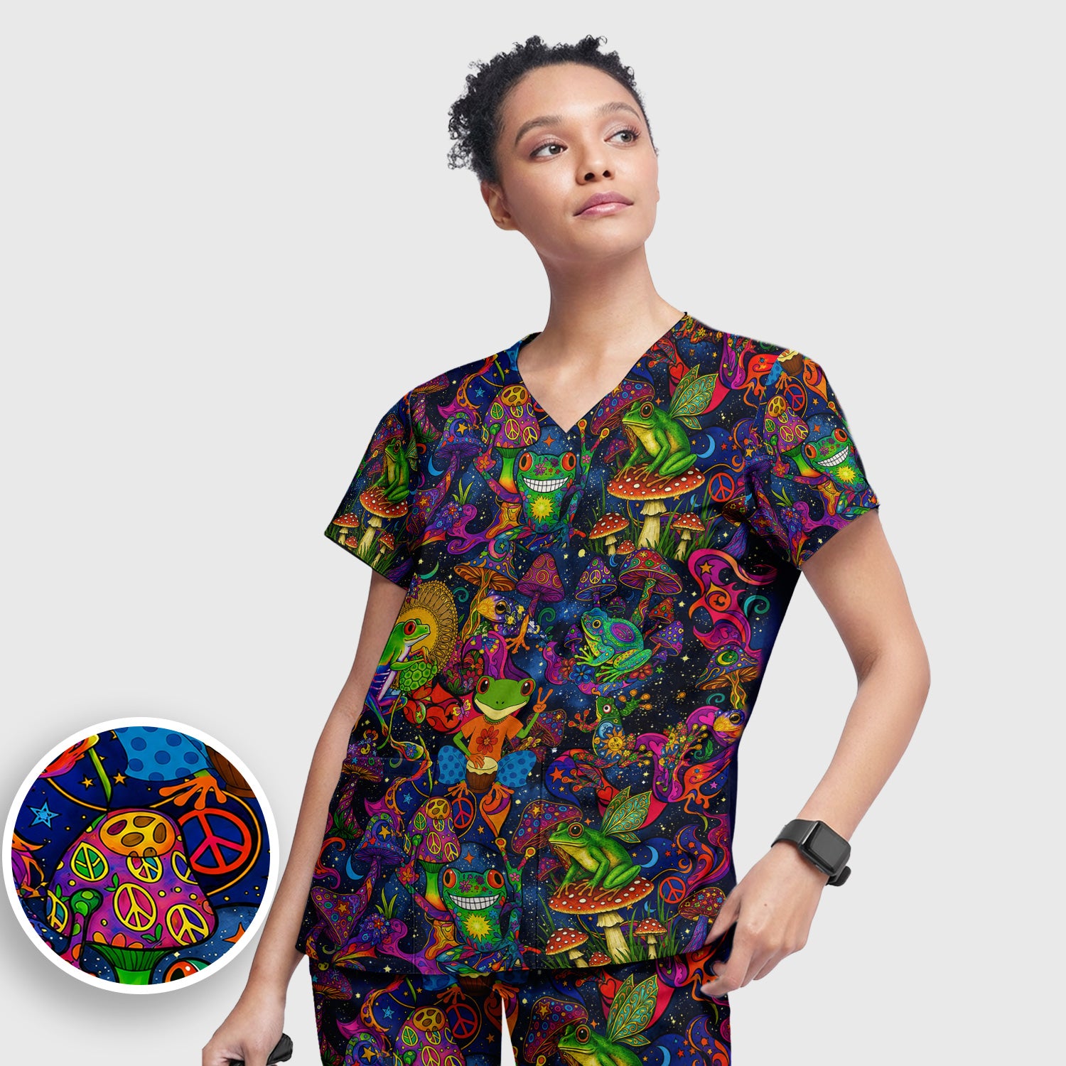 Psychedelic Frog with Mushroom Peace Print Scrub Set, Scrub Pants and V Neck Top
