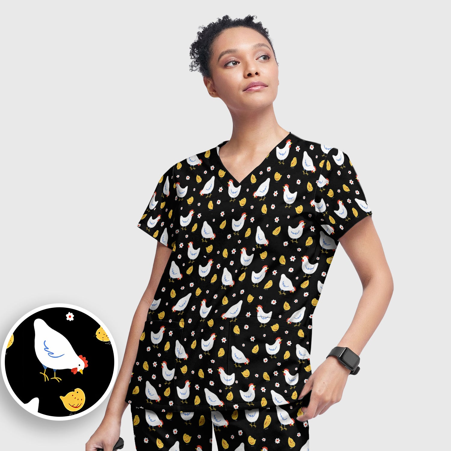 Chicken And Cute Chicks Pattern Scrubs Sets, Scrub Pants and V Neck Top
