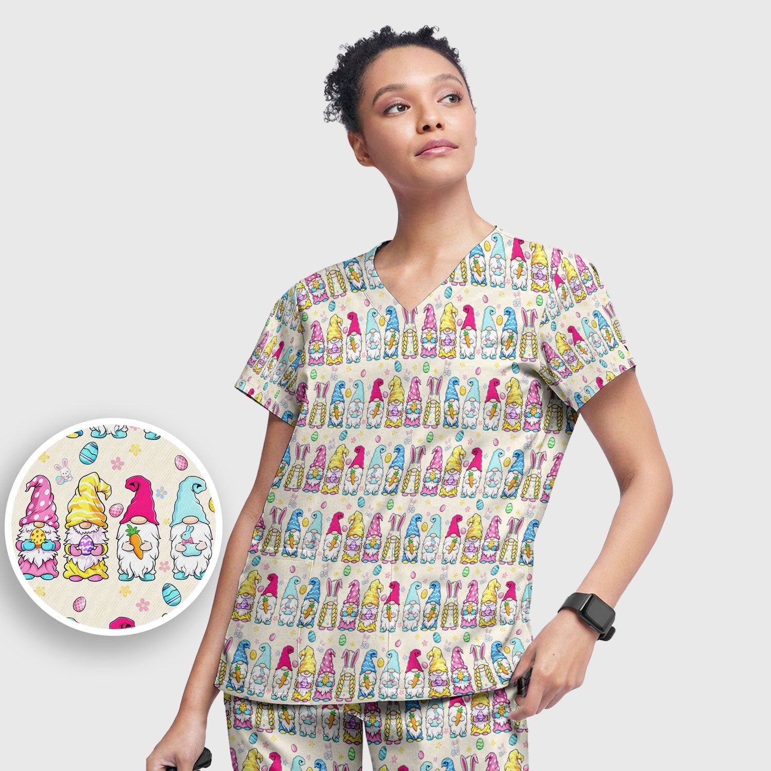 Colorful Easter Gnome Bunny Eggs Pattern Scrub Set, Women's Scrub Sets