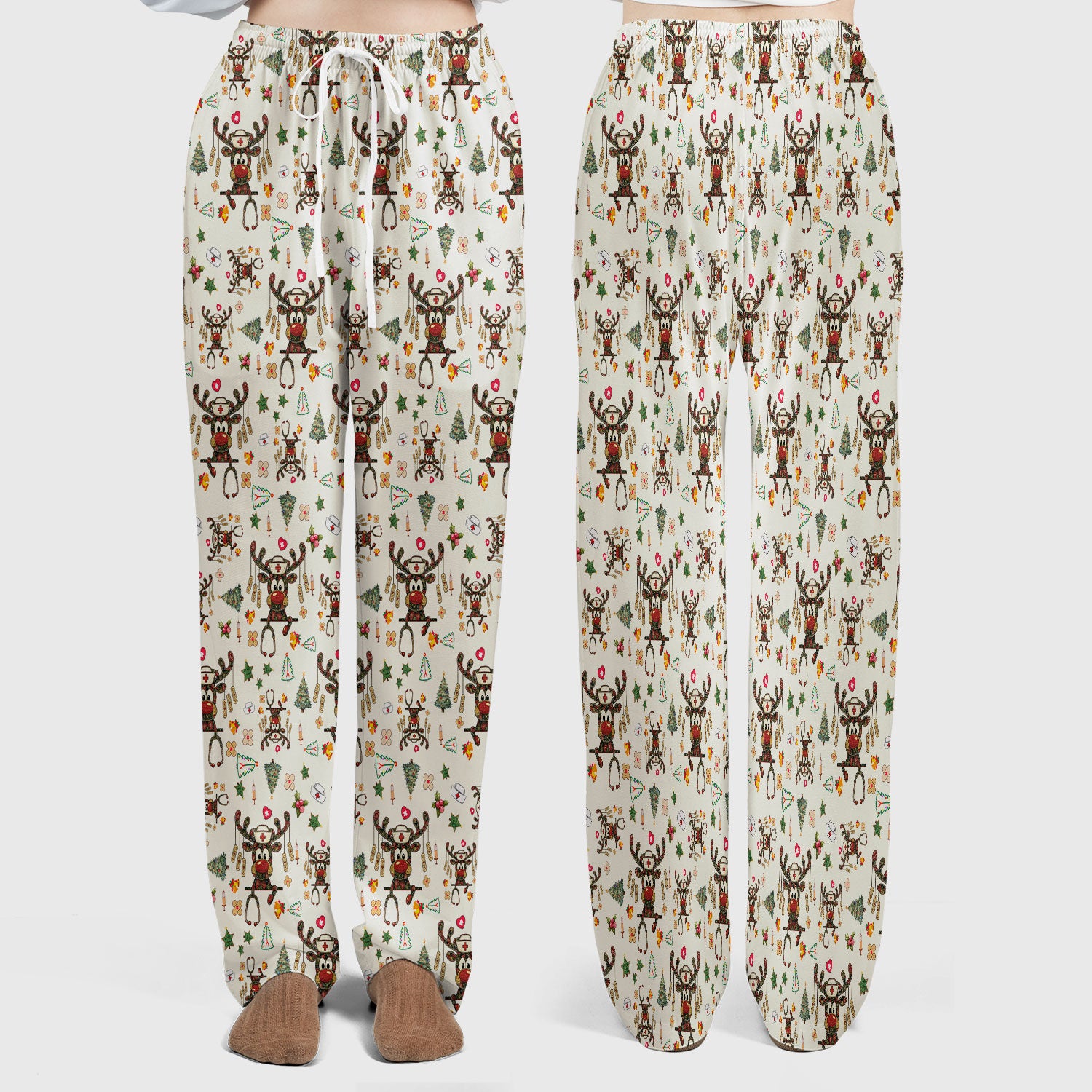 Reindeer Christmas Nurse Scrub Set - Funny Holiday Scrubs Pants and V Neck Top - Cute Medical Uniform for Women